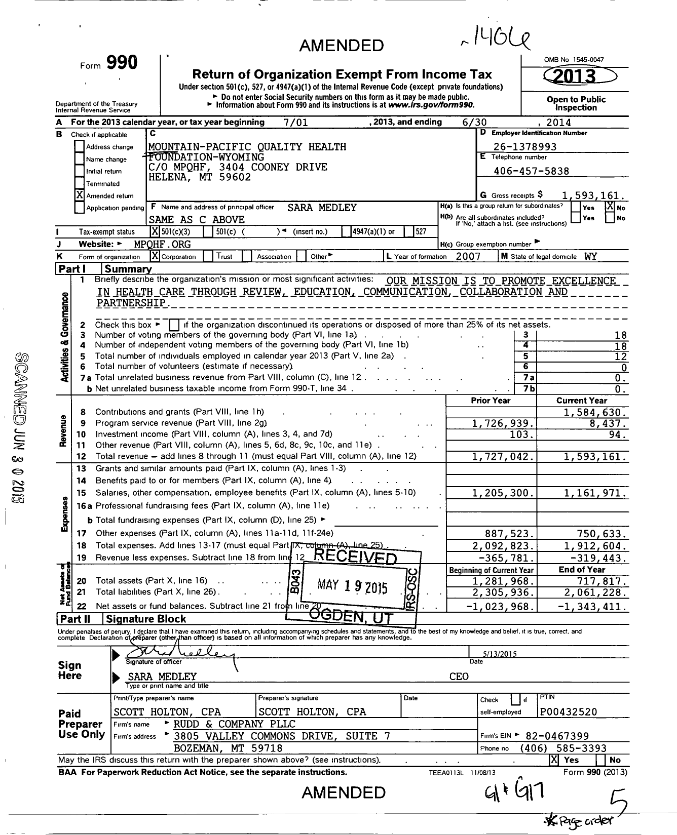 Image of first page of 2013 Form 990 for Mountain-Pacific Quality Health Foundation - Wyoming