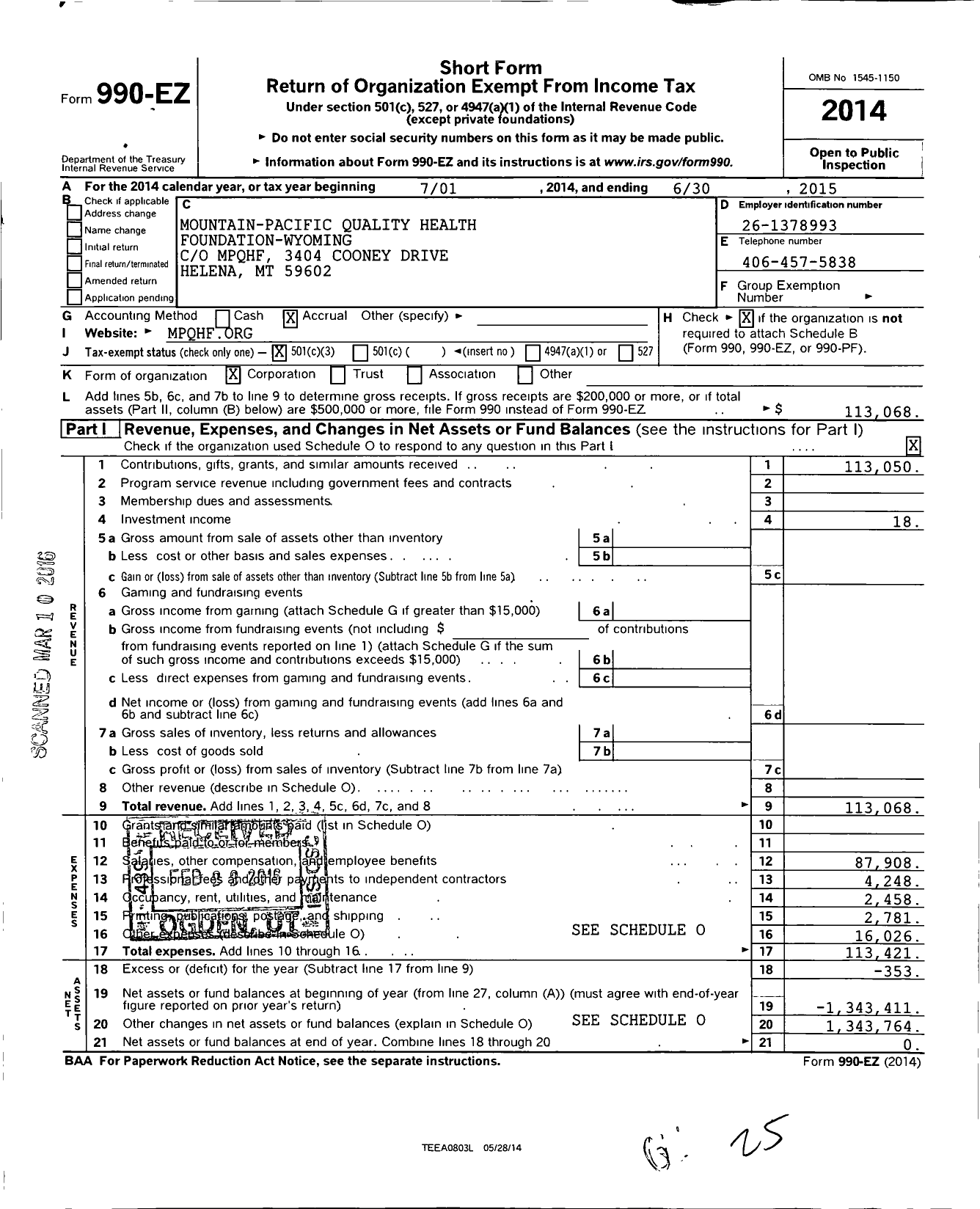 Image of first page of 2014 Form 990EZ for Mountain-Pacific Quality Health Foundation - Wyoming