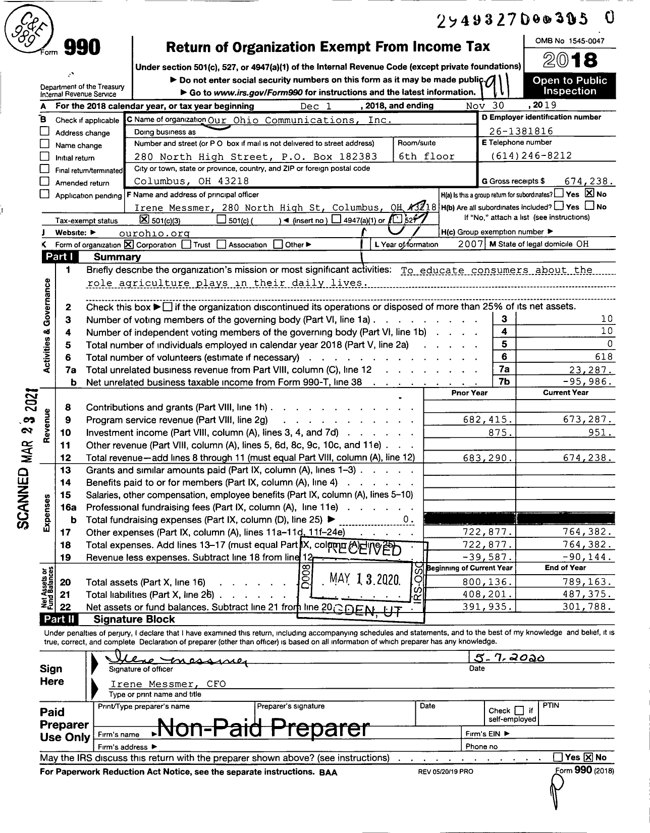 Image of first page of 2018 Form 990 for Our Ohio Communications