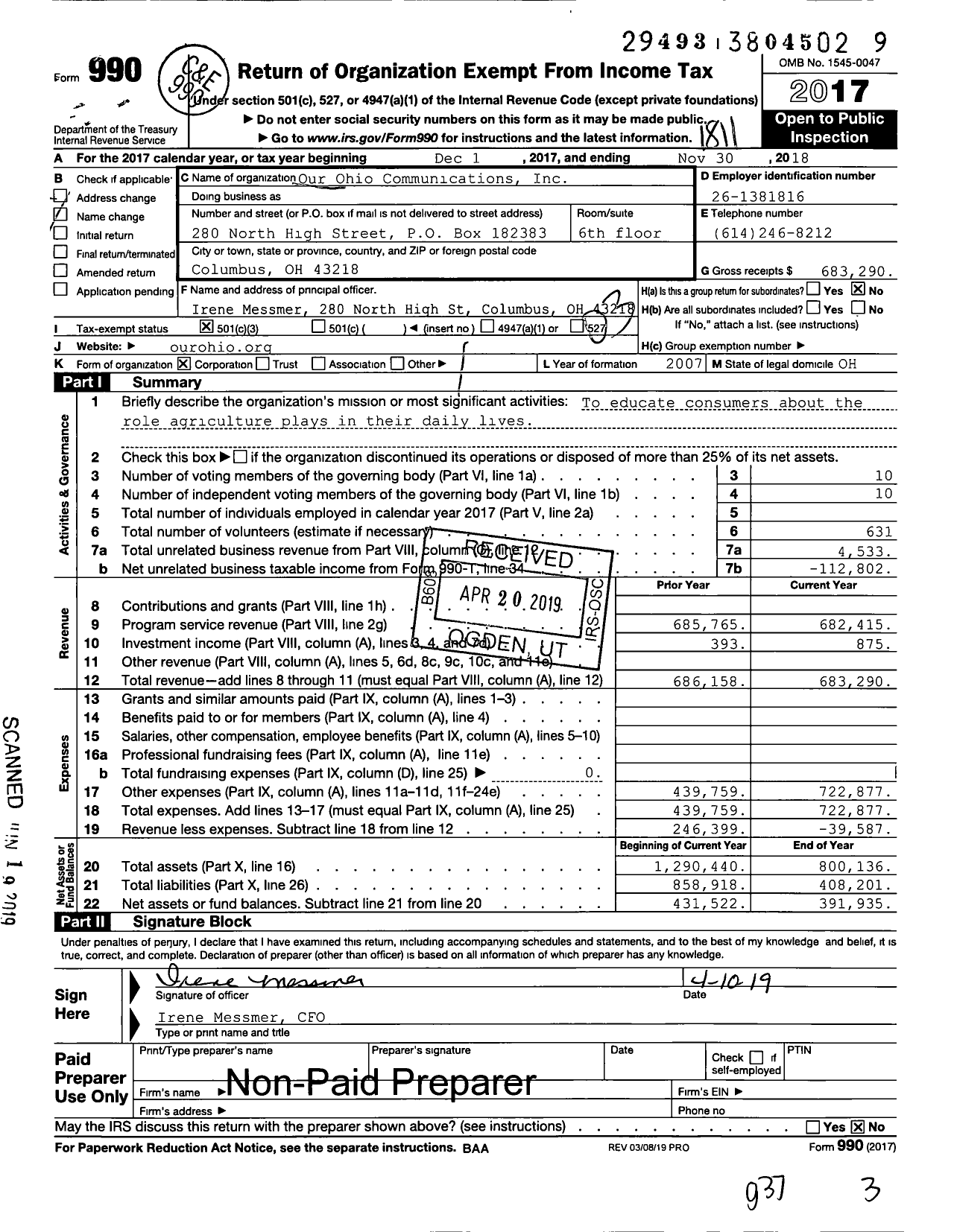 Image of first page of 2017 Form 990 for Our Ohio Communications