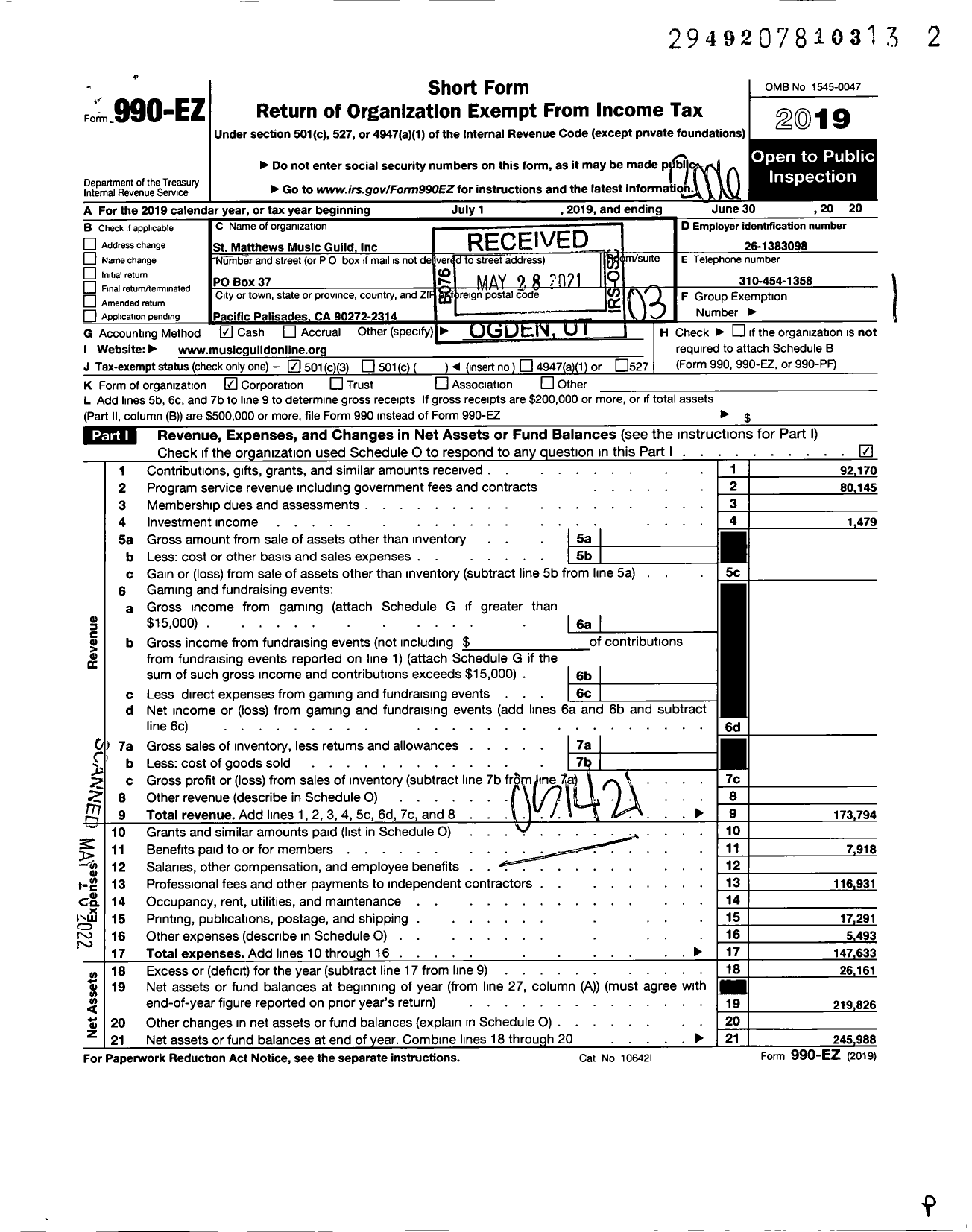 Image of first page of 2019 Form 990EZ for St Matthews Music Guild