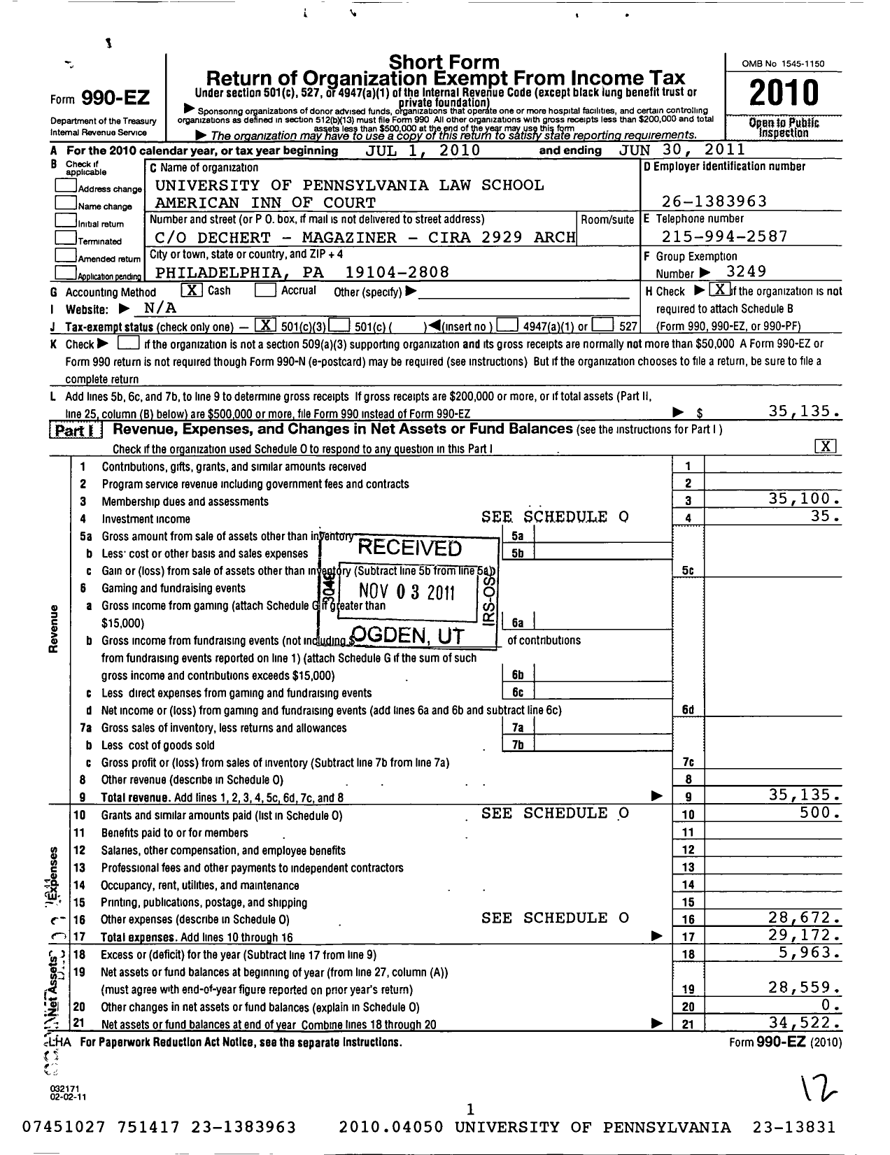 Image of first page of 2010 Form 990EZ for American Inns of Court Foundation - 30225 University of Pa Law School
