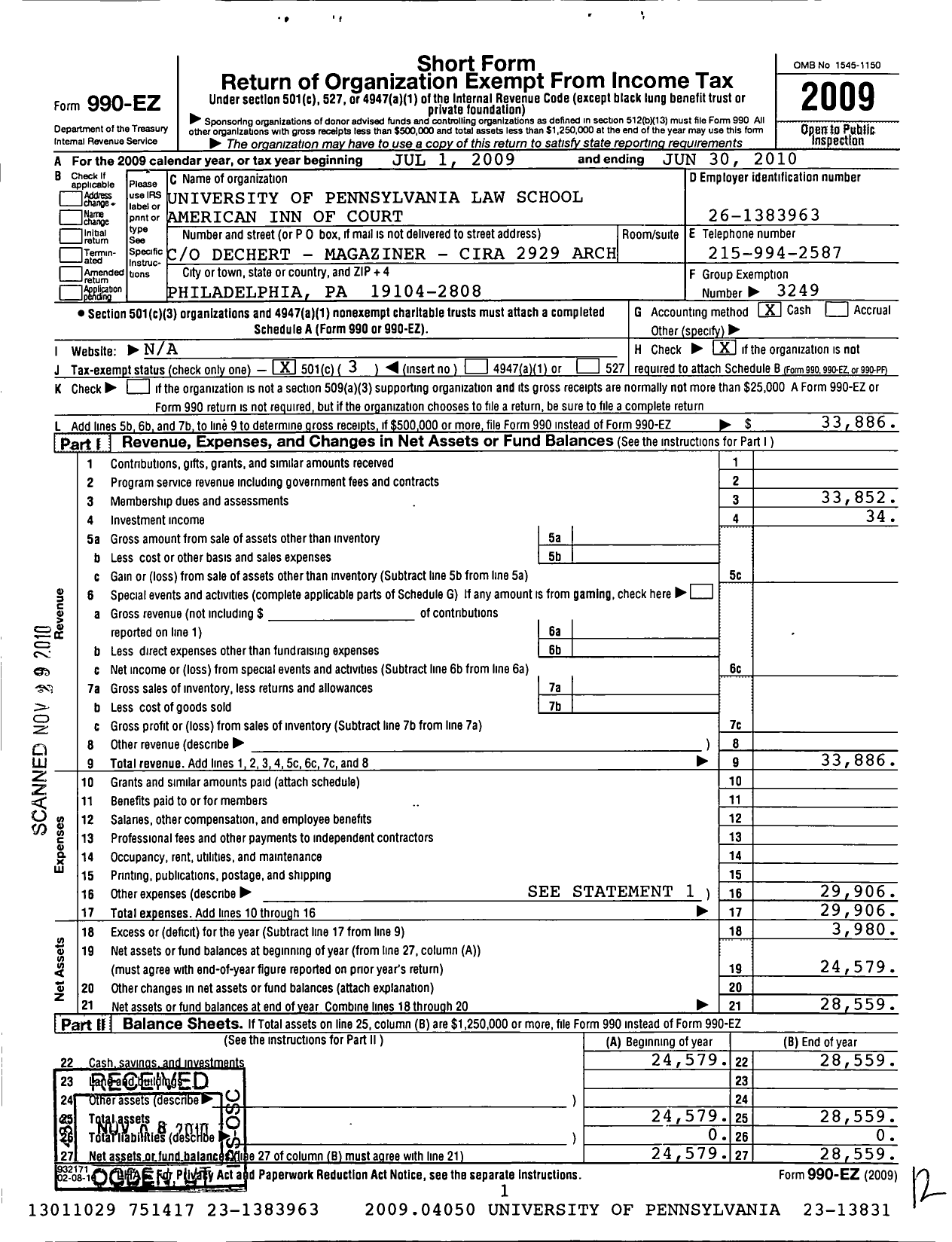 Image of first page of 2009 Form 990EZ for American Inns of Court Foundation - 30225 University of Pa Law School