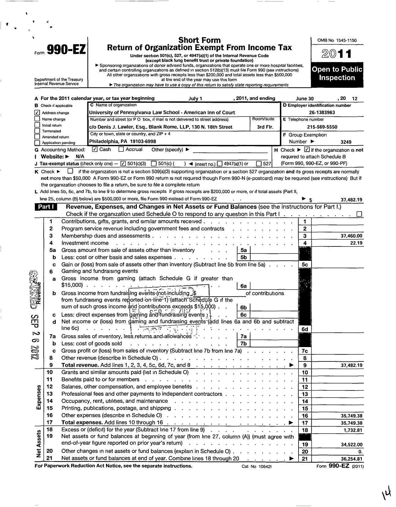 Image of first page of 2011 Form 990EZ for American Inns of Court Foundation - 30225 University of Pa Law School