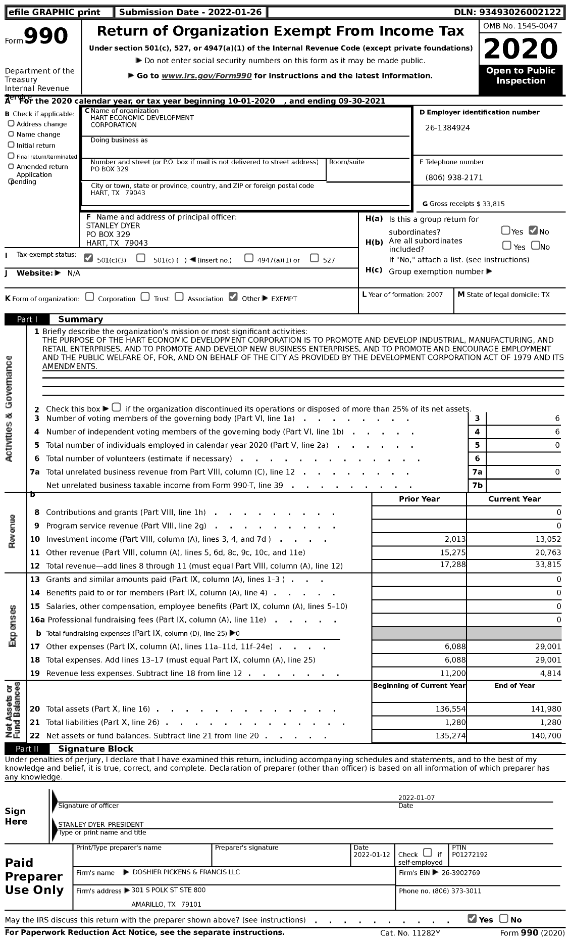 Image of first page of 2020 Form 990 for Hart Economic Development Corporation