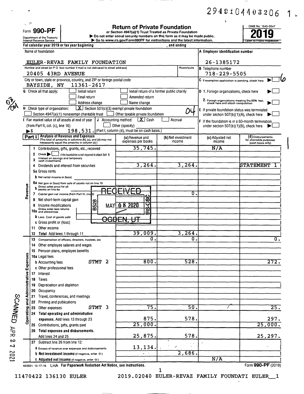 Image of first page of 2019 Form 990PF for Euler-Revaz Family Foundation