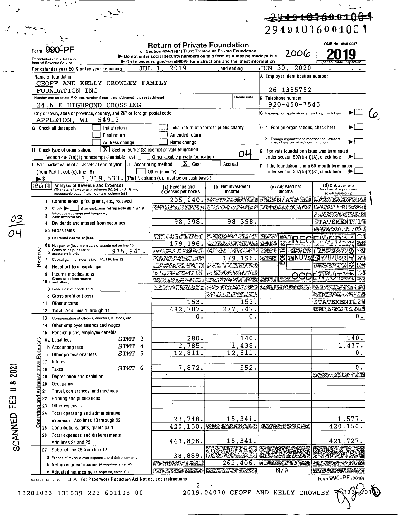 Image of first page of 2019 Form 990PF for Geoff and Kelly Crowley Family Foundation