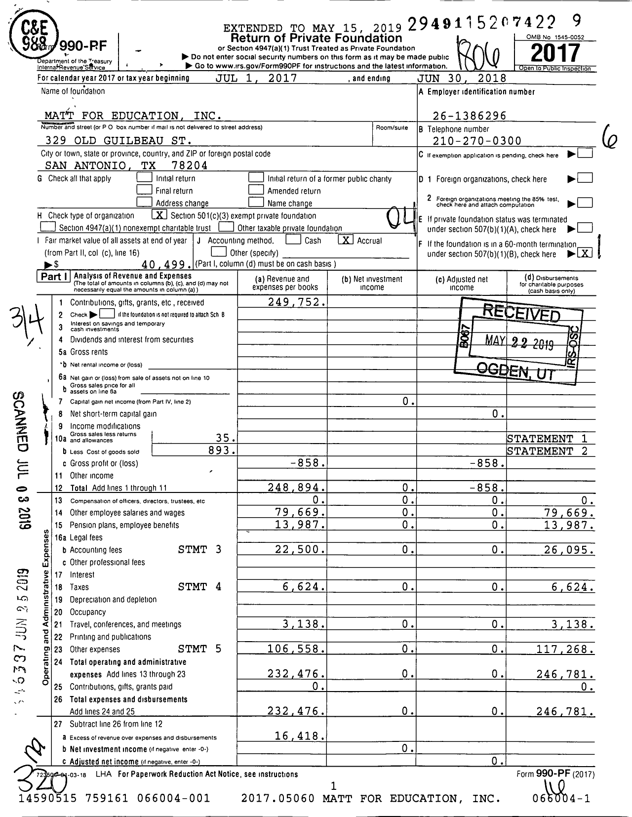 Image of first page of 2017 Form 990PF for Matt for Education