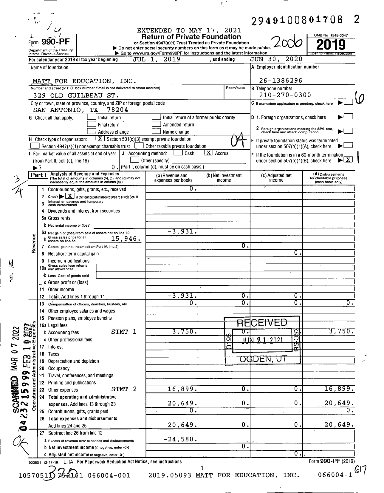 Image of first page of 2019 Form 990PF for Matt for Education