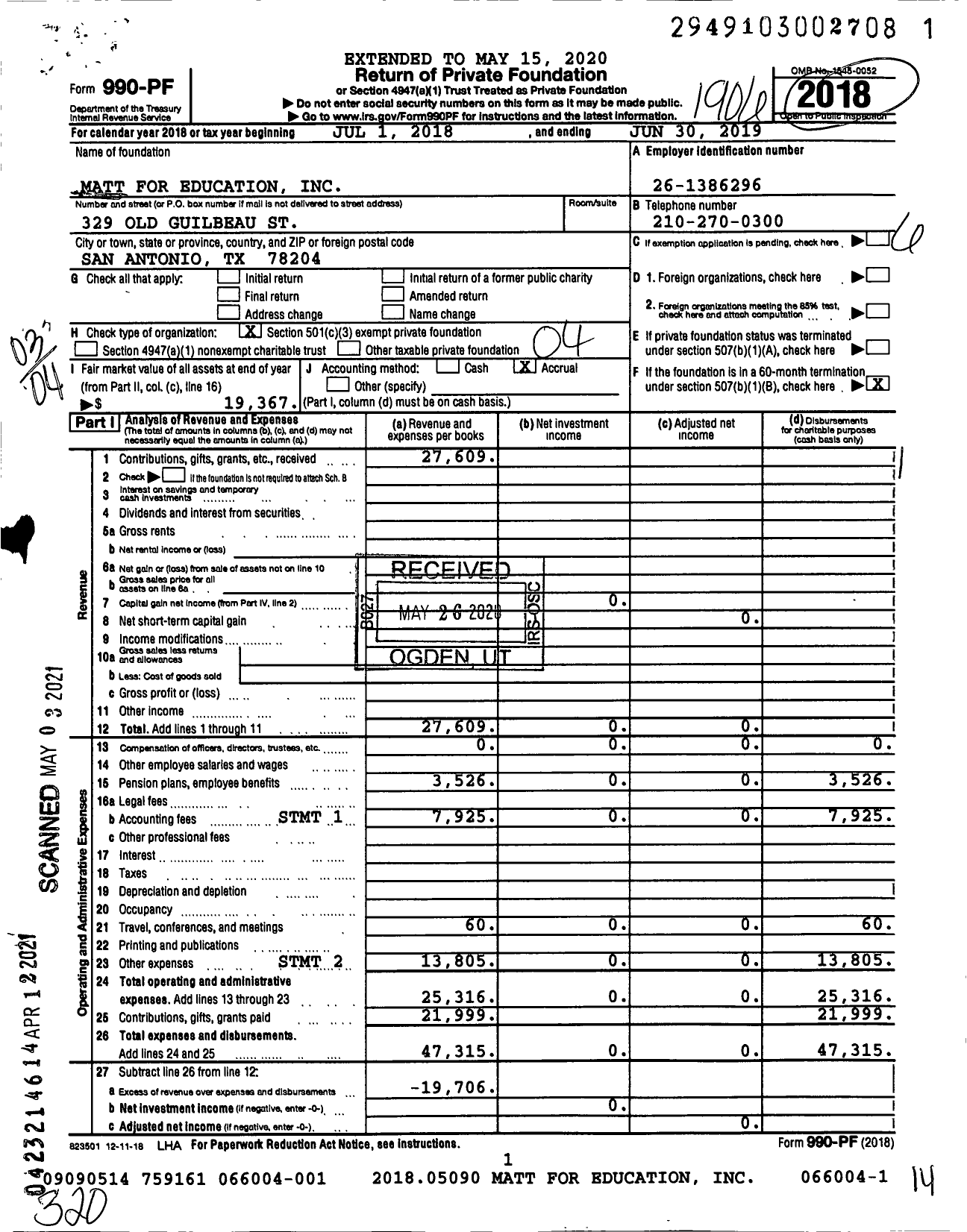 Image of first page of 2018 Form 990PF for Matt for Education