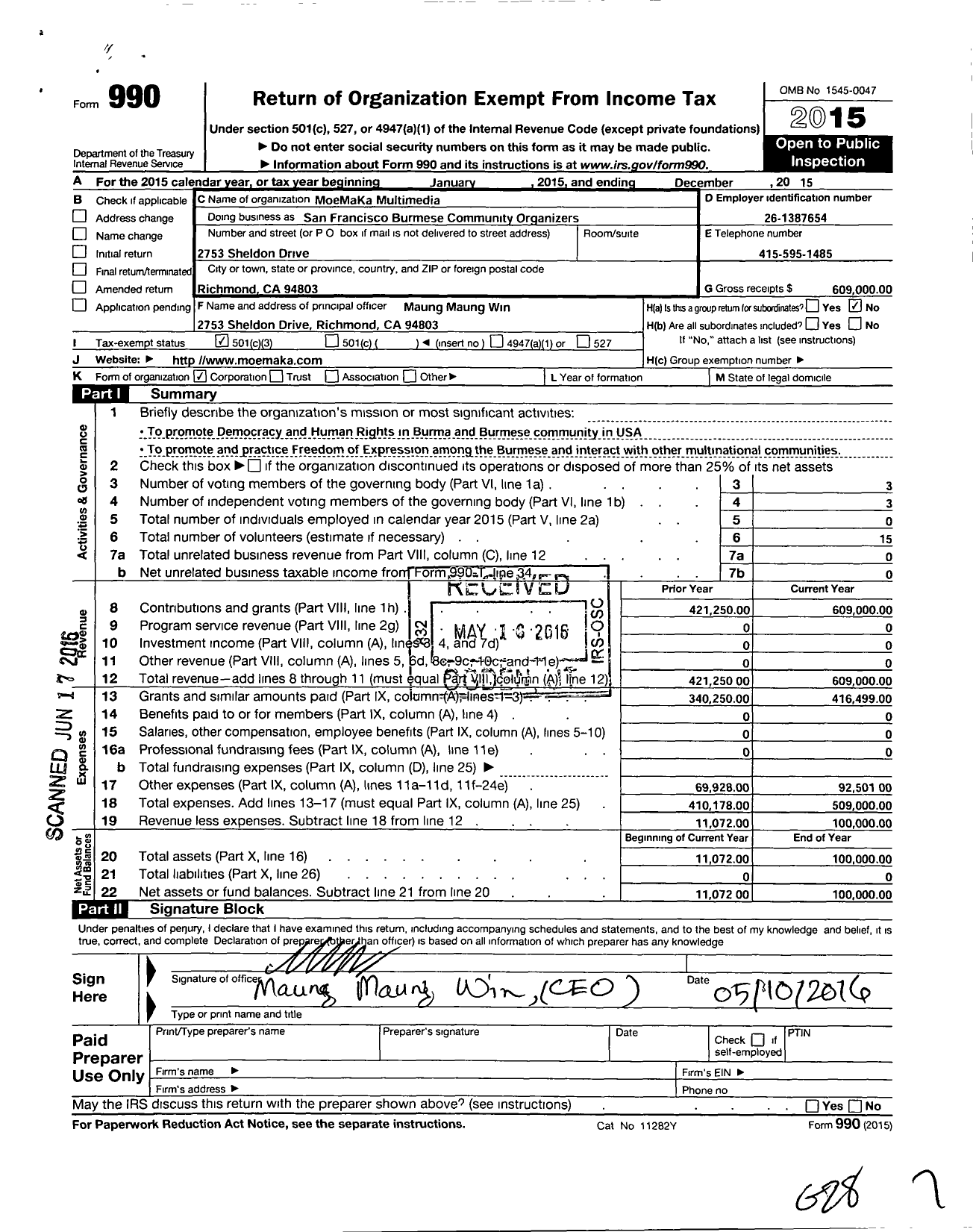 Image of first page of 2015 Form 990 for Moemaka Multimedia