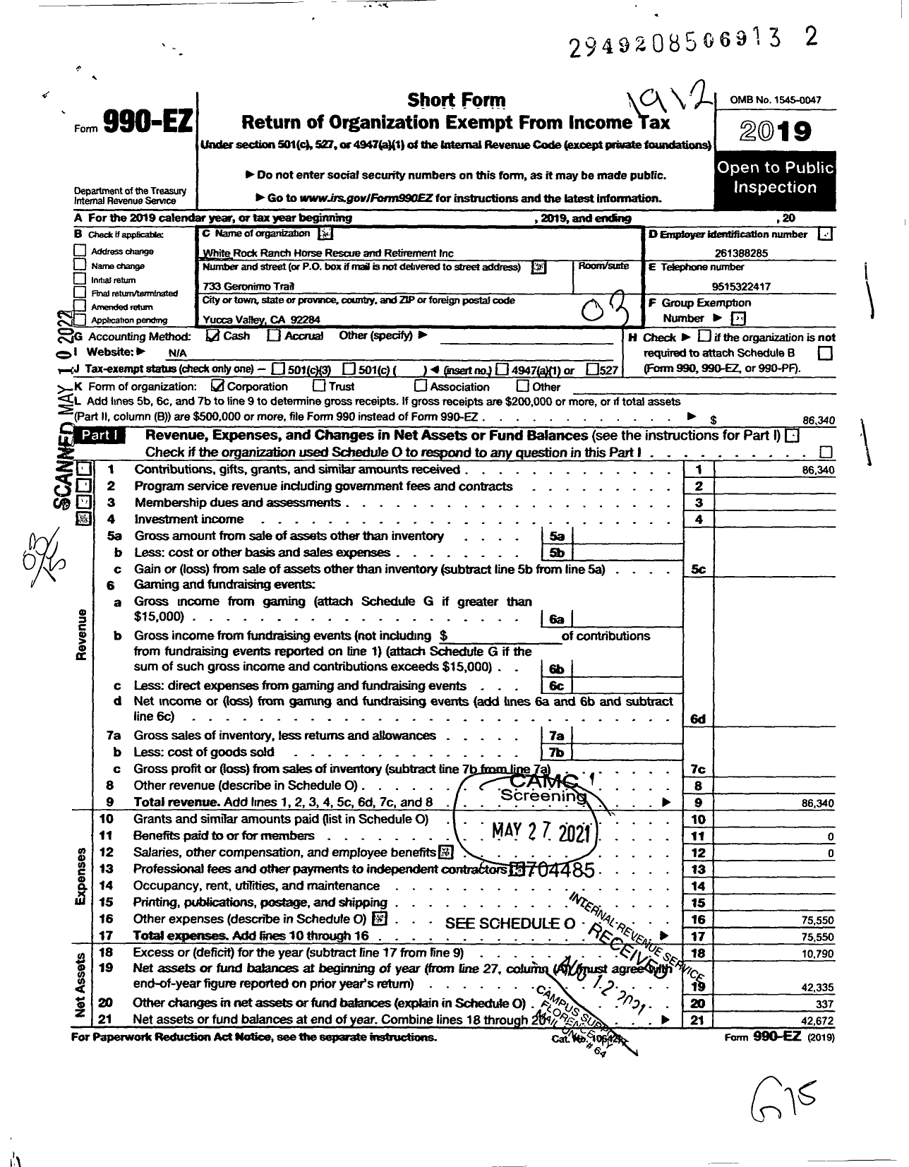 Image of first page of 2019 Form 990EZ for White Rock Horse Rescue and Retirement