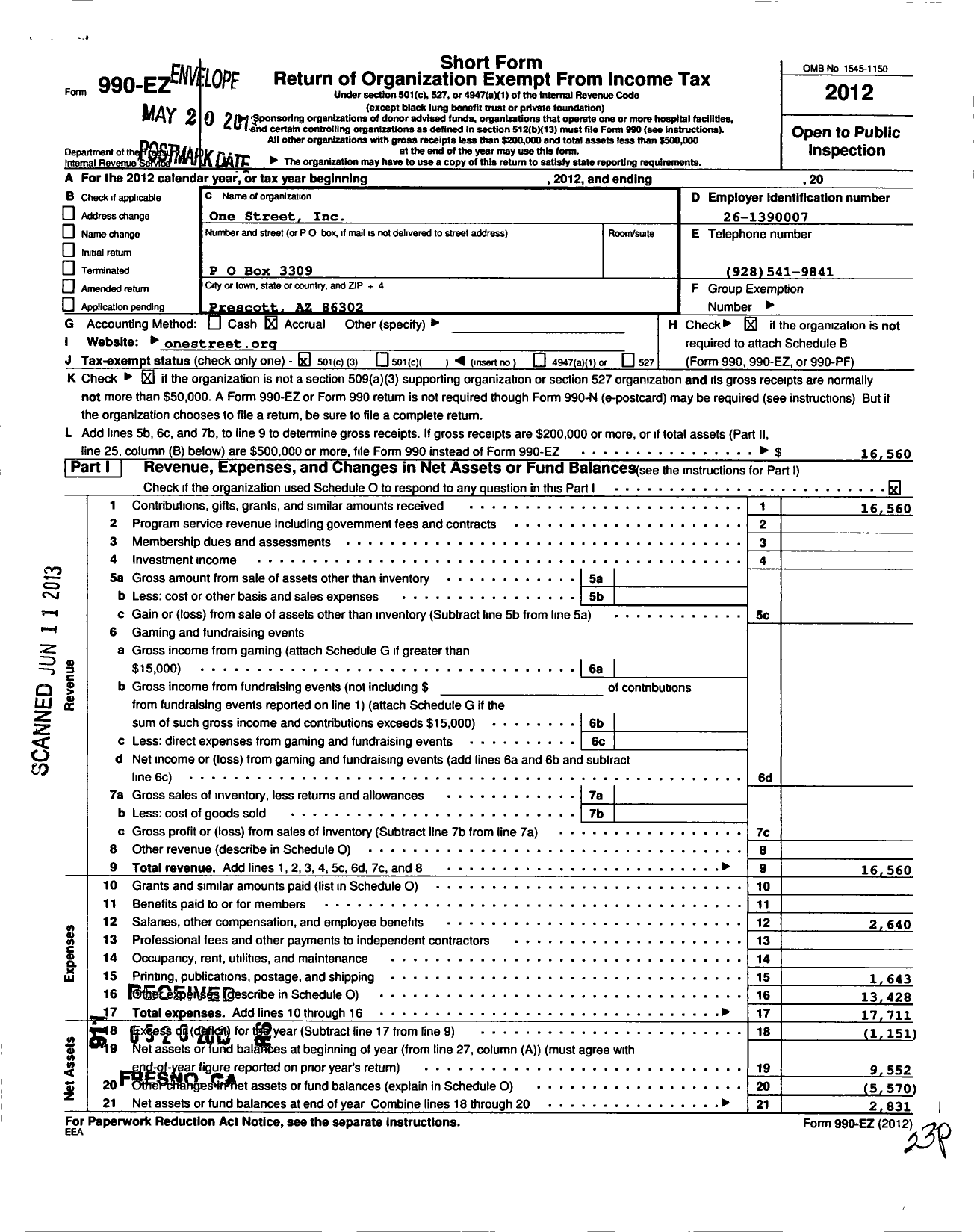 Image of first page of 2012 Form 990EZ for One Street