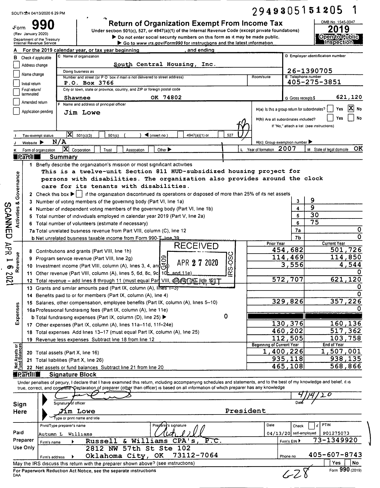 Image of first page of 2019 Form 990 for South Central Housing