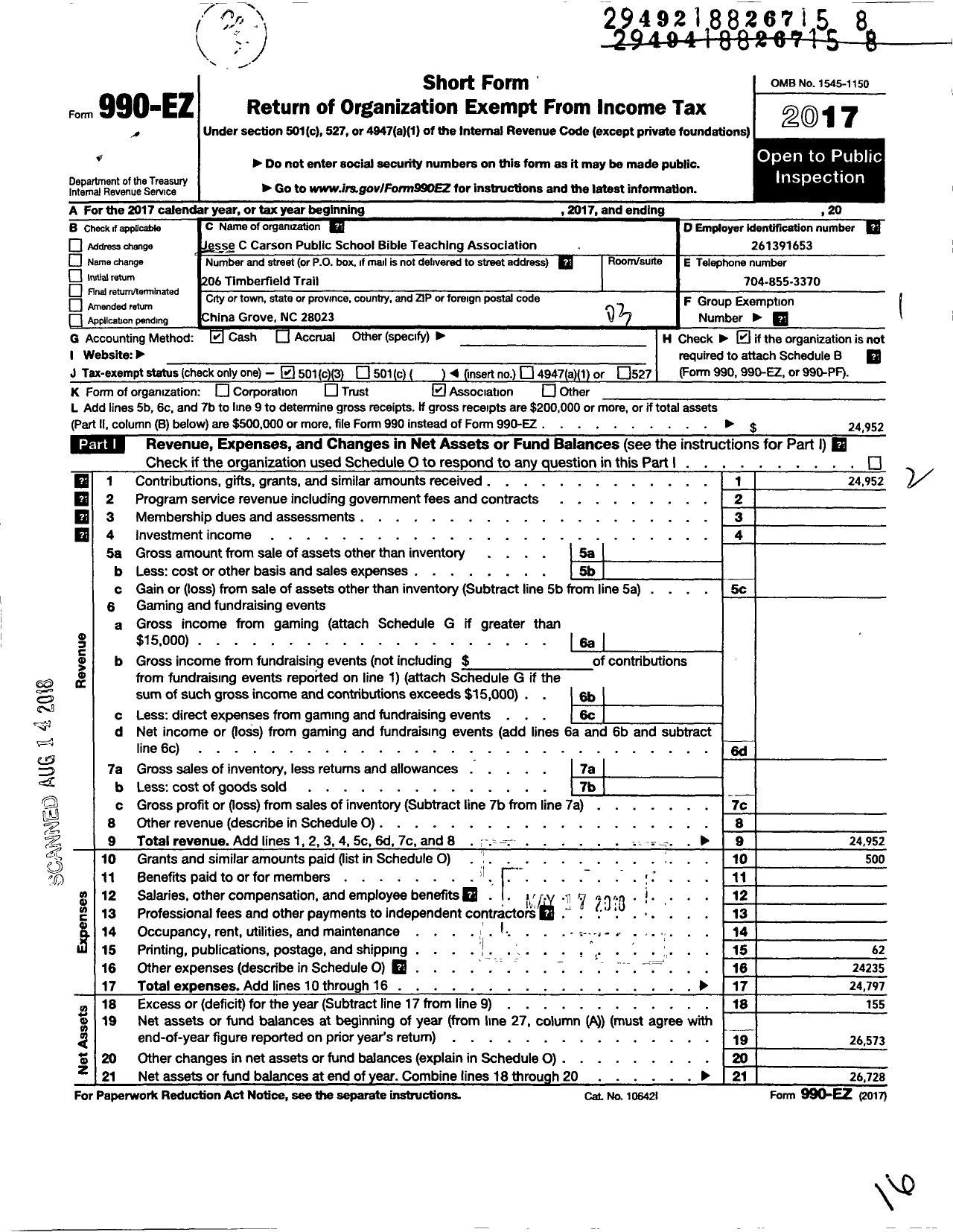 Image of first page of 2017 Form 990EZ for Jesse C Carson Public School Bible School Teaching Association