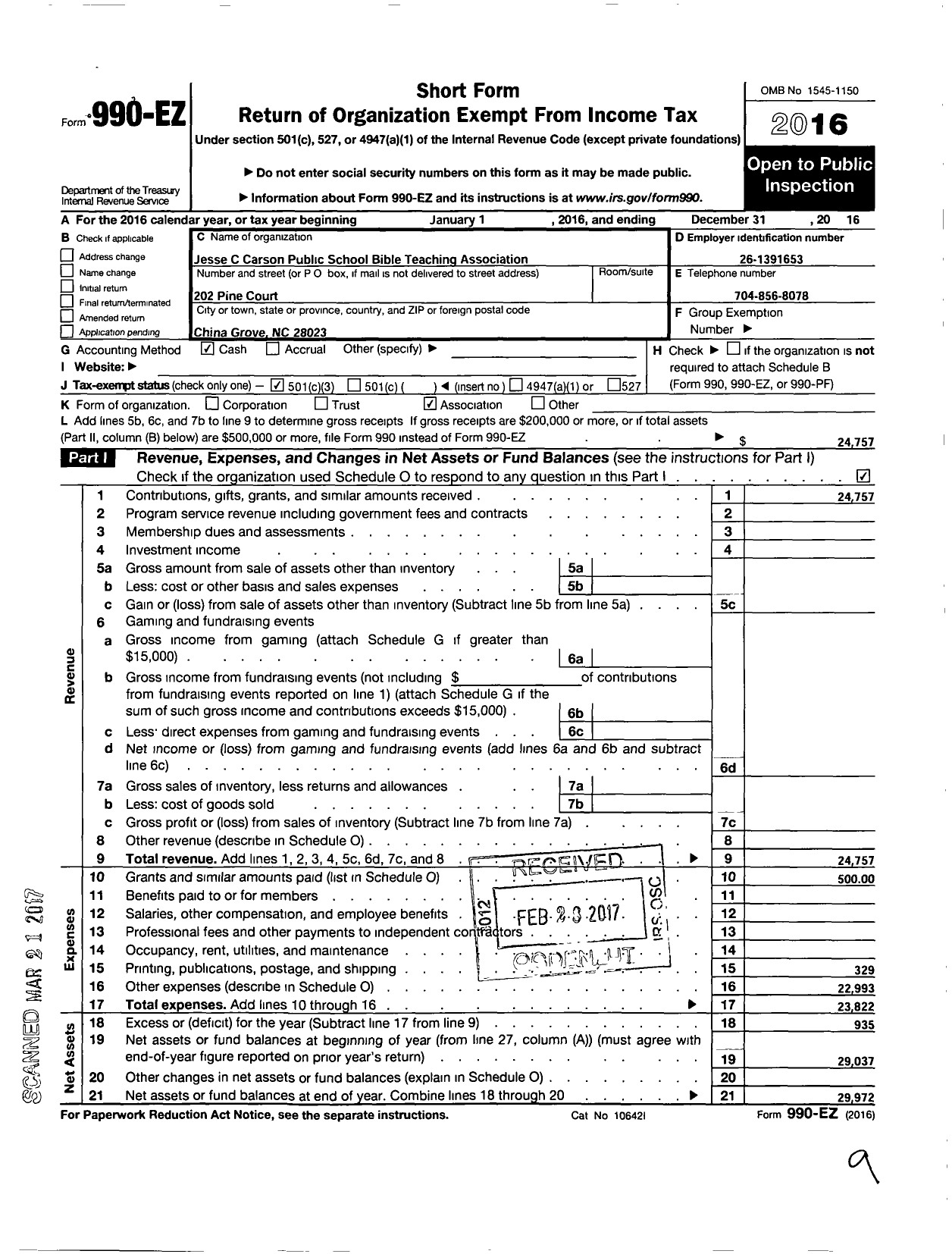 Image of first page of 2016 Form 990EZ for Jesse C Carson Public School Bible School Teaching Association