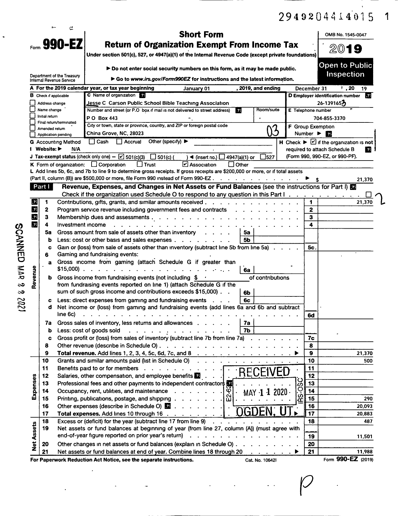 Image of first page of 2019 Form 990EZ for Jesse C Carson Public School Bible School Teaching Association