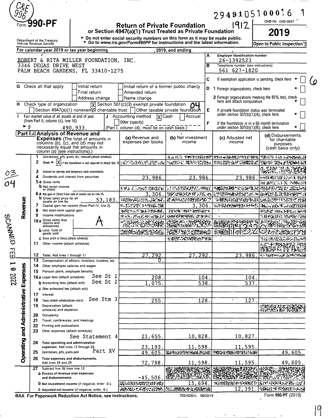 Image of first page of 2019 Form 990PF for Robert and Rita Miller Foundation