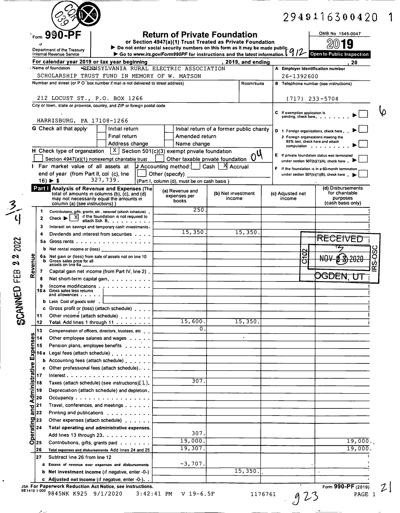 Image of first page of 2019 Form 990PF for PREA Scholarship Trust Fund