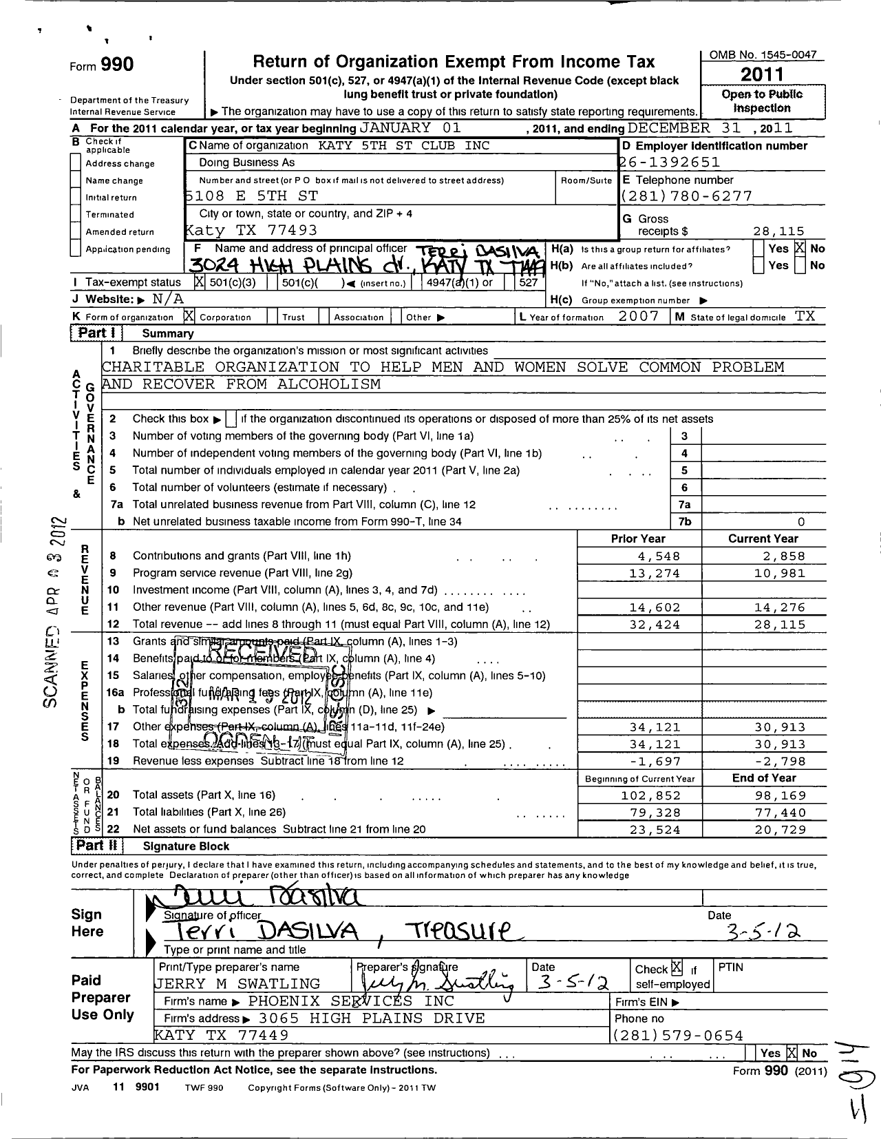 Image of first page of 2011 Form 990 for Katy 5TH St Club