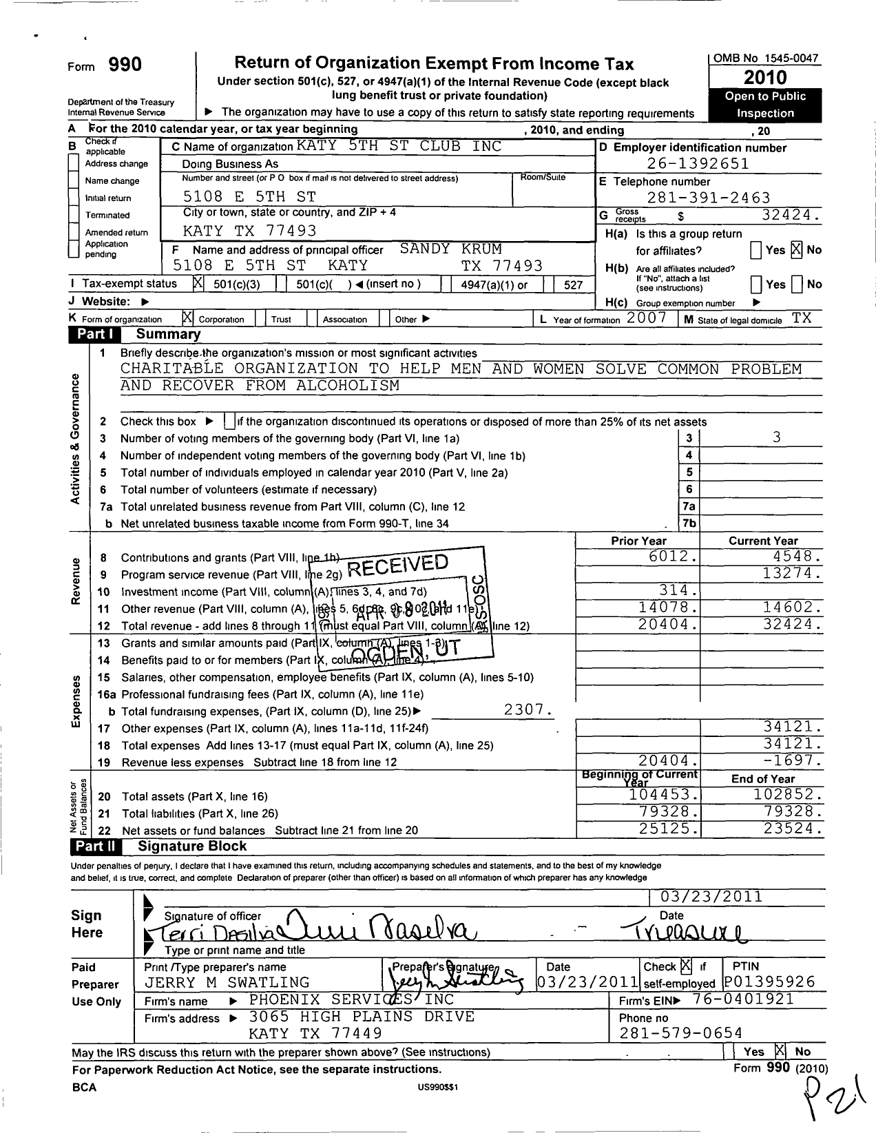 Image of first page of 2010 Form 990 for Katy 5TH St Club