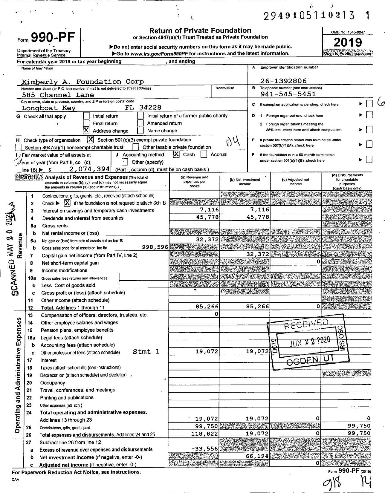 Image of first page of 2019 Form 990PF for Kimberly A Foundation Corporation