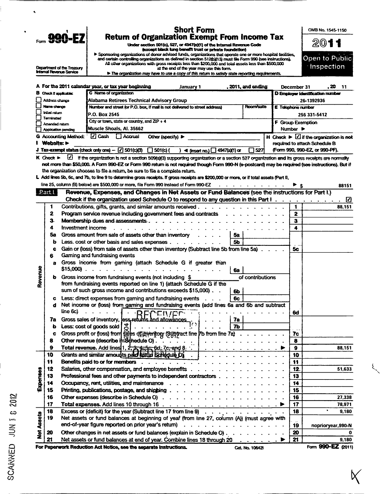 Image of first page of 2011 Form 990EZ for Alabama Retirees Technical Advisory Group