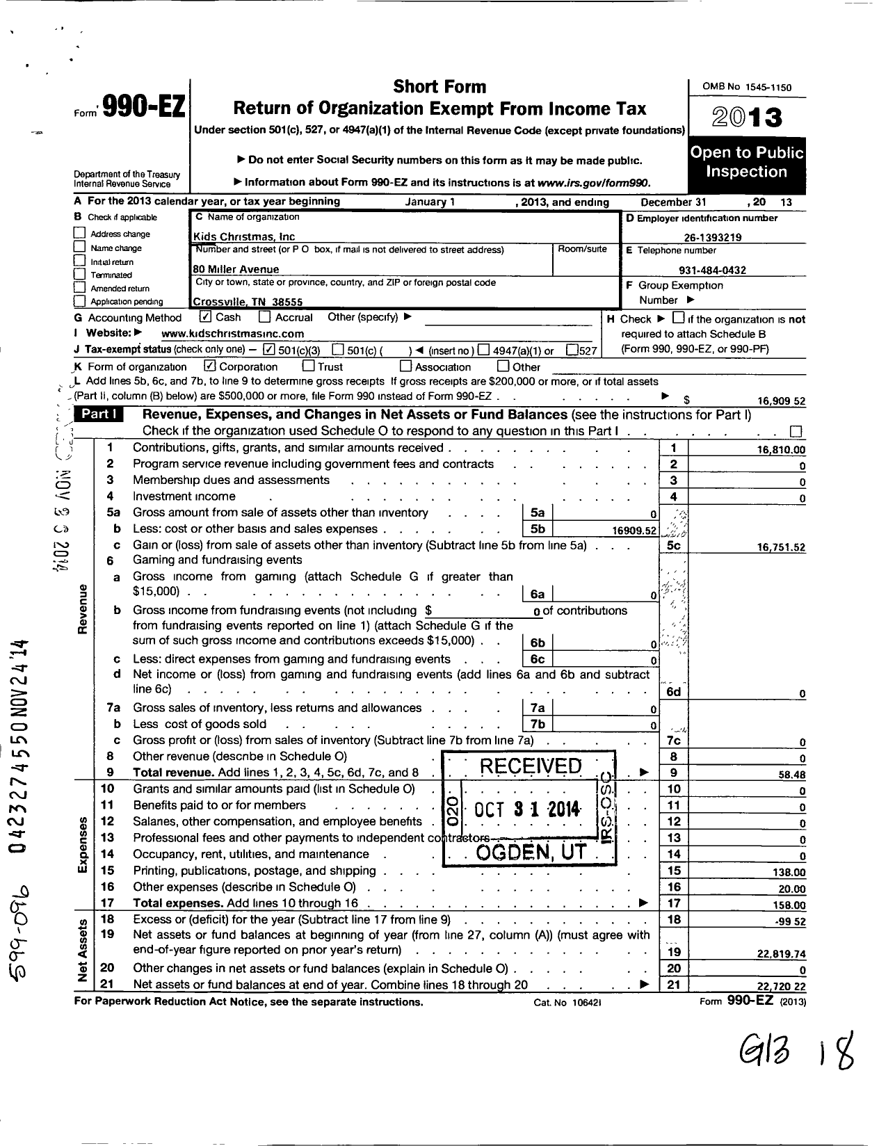 Image of first page of 2013 Form 990EZ for Kids Christmas