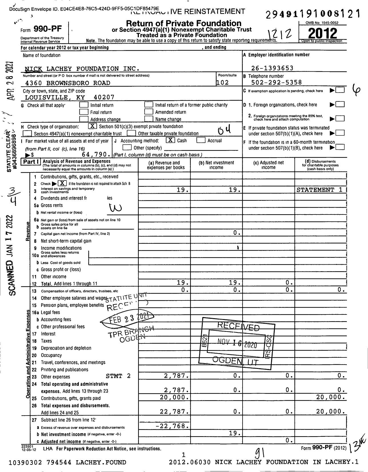 Image of first page of 2012 Form 990PF for Nick Lachey Foundation