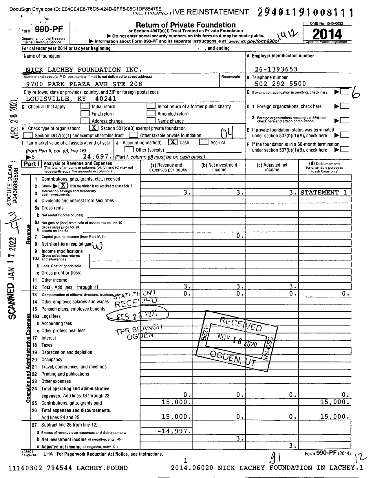 Image of first page of 2014 Form 990PF for Nick Lachey Foundation