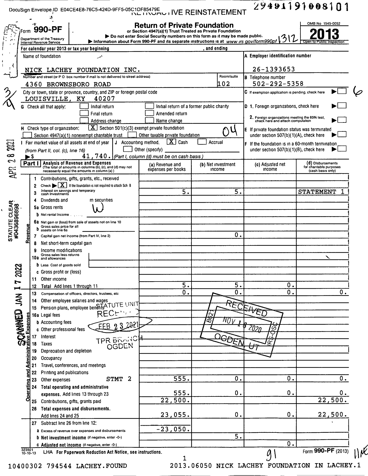 Image of first page of 2013 Form 990PF for Nick Lachey Foundation