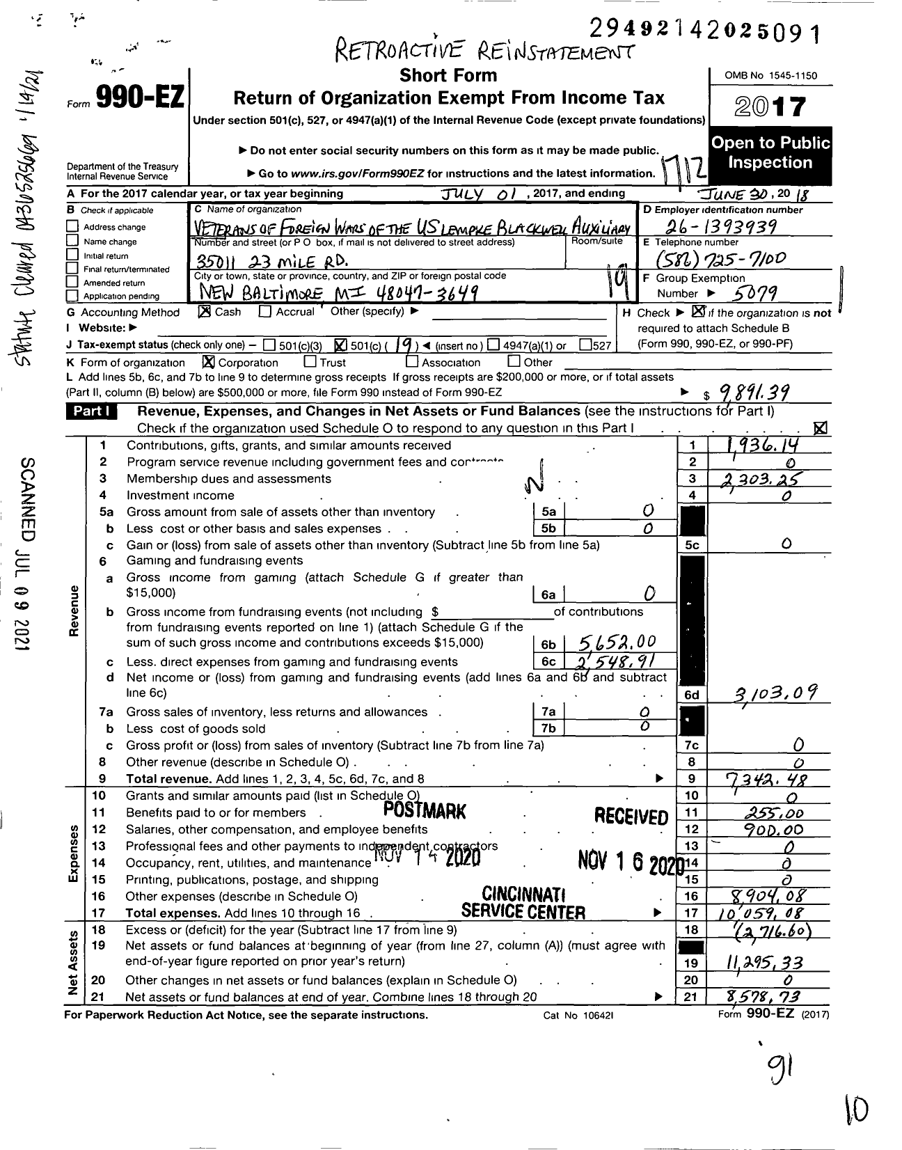 Image of first page of 2017 Form 990EO for Michigan Department of the Auxiliary Veterans of Foreign Wars - Lempke-Blackwell VFW Auxiliary 7573