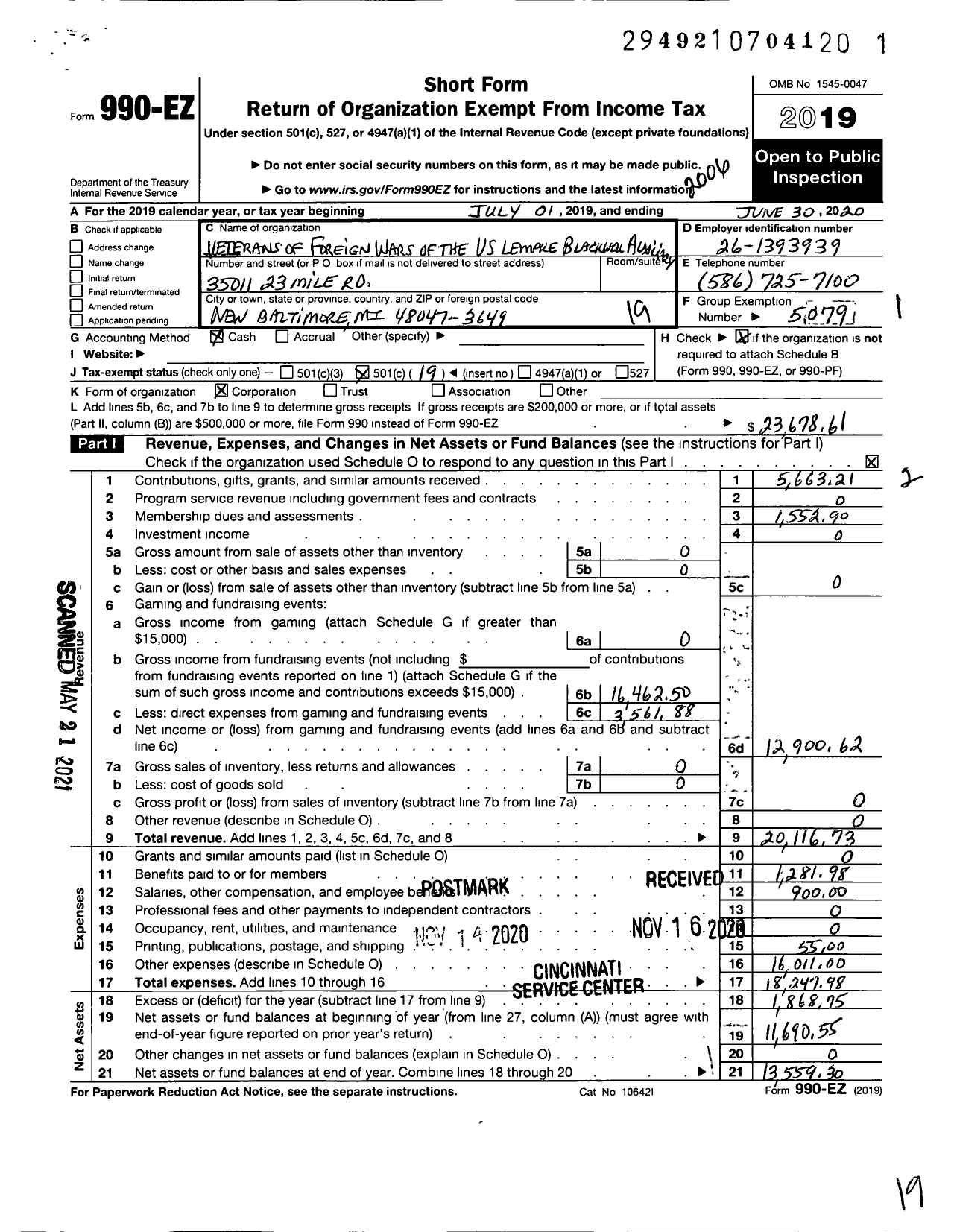 Image of first page of 2019 Form 990EO for Michigan Department of the Auxiliary Veterans of Foreign Wars - Lempke-Blackwell VFW Auxiliary 7573