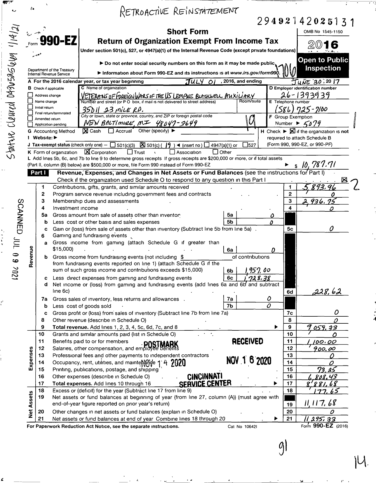 Image of first page of 2016 Form 990EO for Michigan Department of the Auxiliary Veterans of Foreign Wars - Lempke-Blackwell VFW Auxiliary 7573