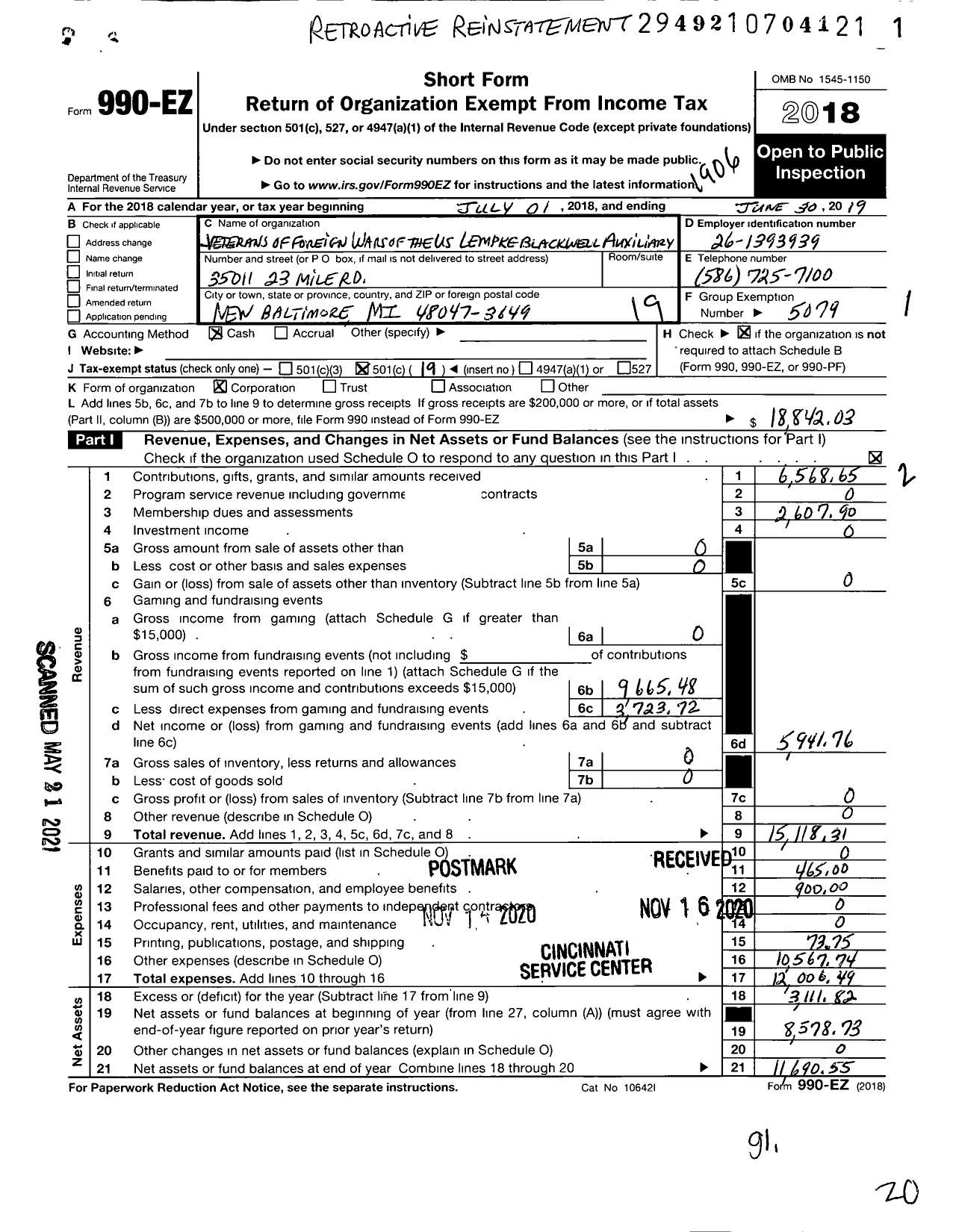 Image of first page of 2018 Form 990EO for Michigan Department of the Auxiliary Veterans of Foreign Wars - Lempke-Blackwell VFW Auxiliary 7573