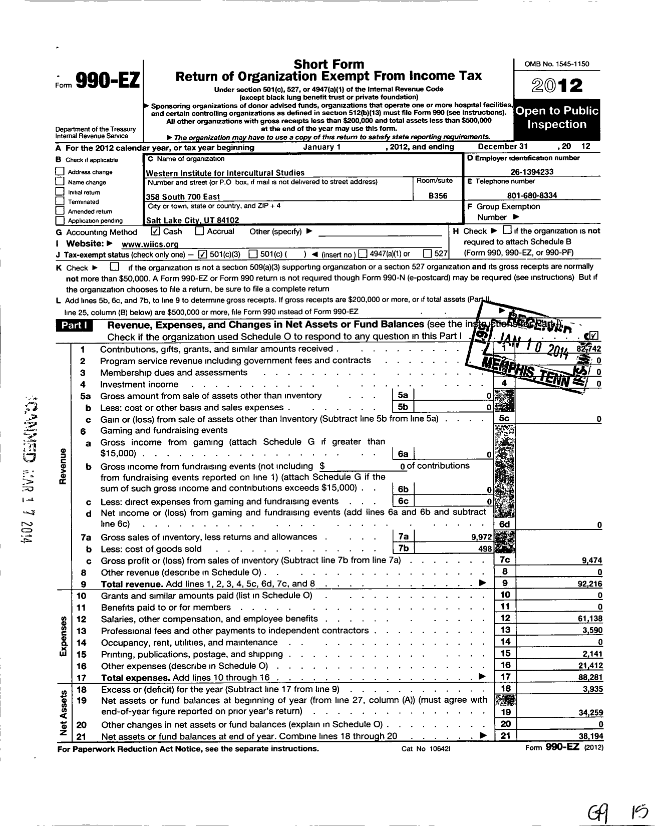 Image of first page of 2012 Form 990EZ for Western Institute for Intercultural Studies