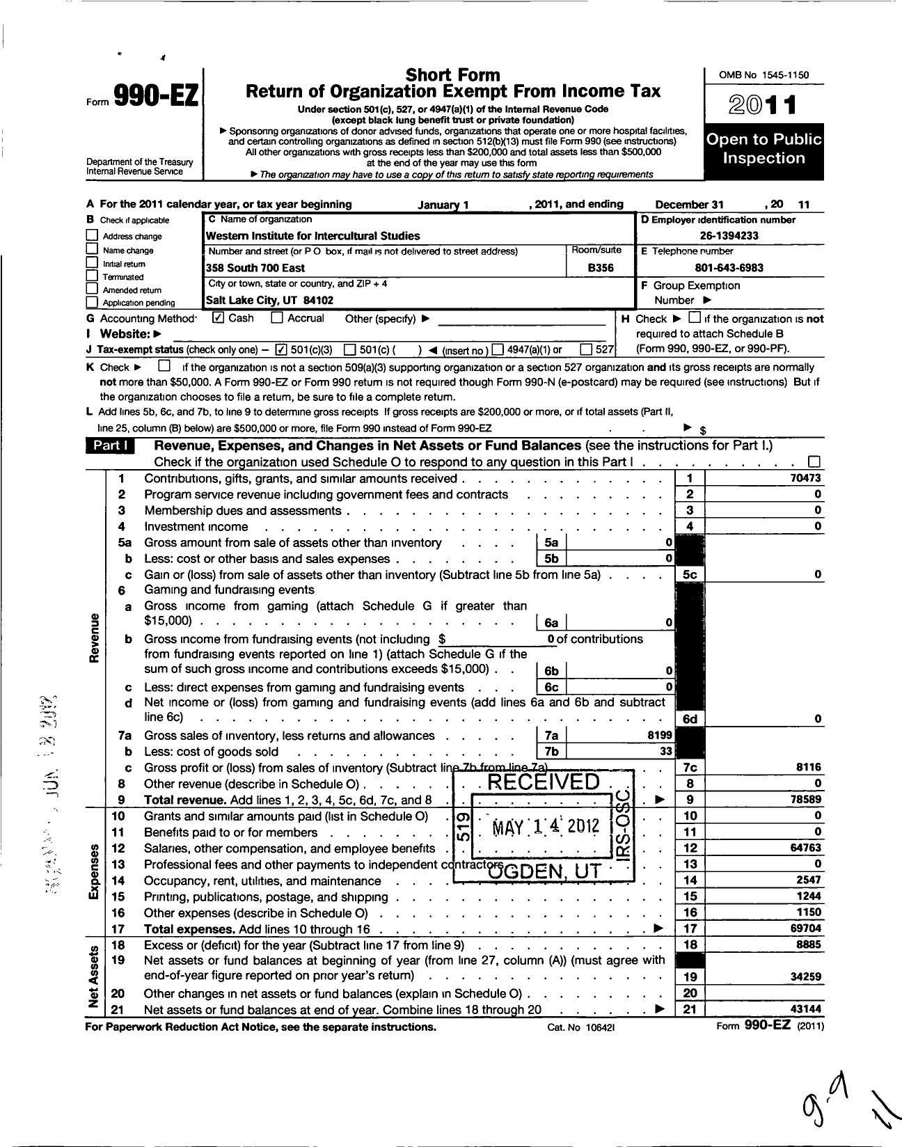 Image of first page of 2011 Form 990EZ for Western Institute for Intercultural Studies