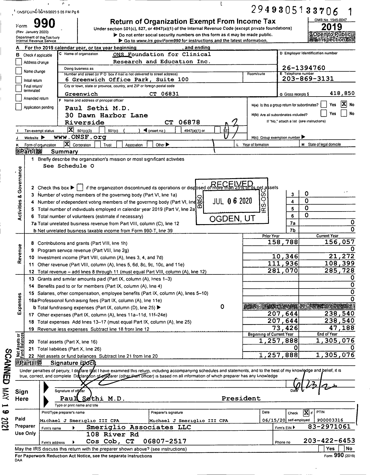 Image of first page of 2019 Form 990 for Ons Foundation for Clinical Research and Education