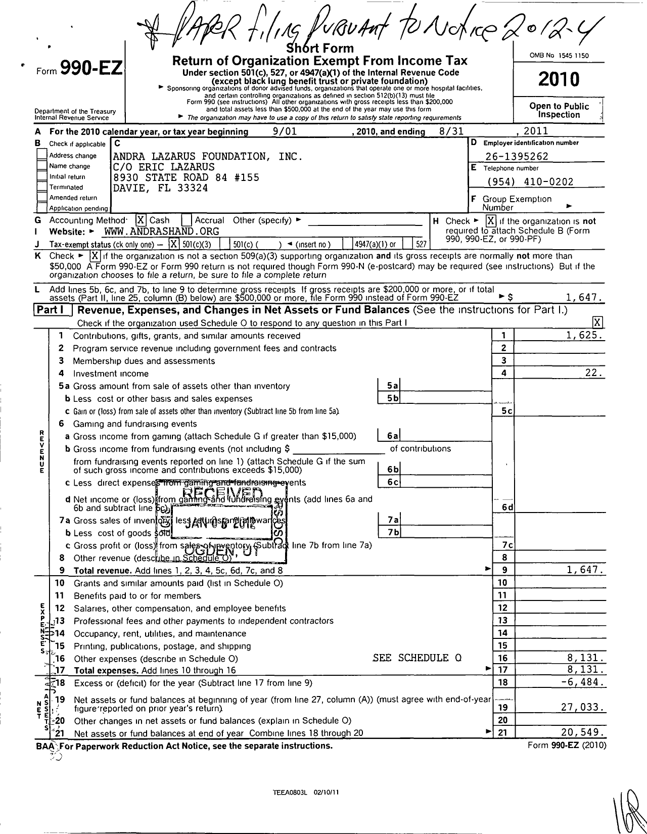 Image of first page of 2010 Form 990EZ for Andra Lazarus Foundation