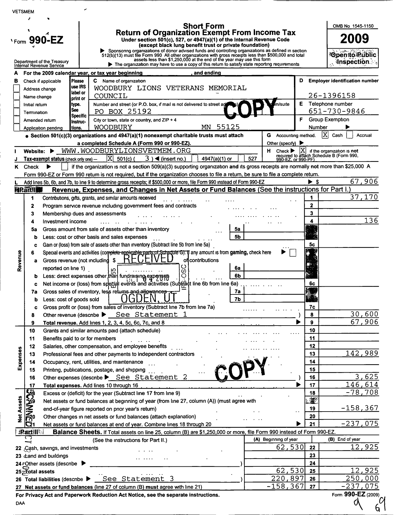 Image of first page of 2009 Form 990EZ for Woodbury Lions Veterans Memorial Council