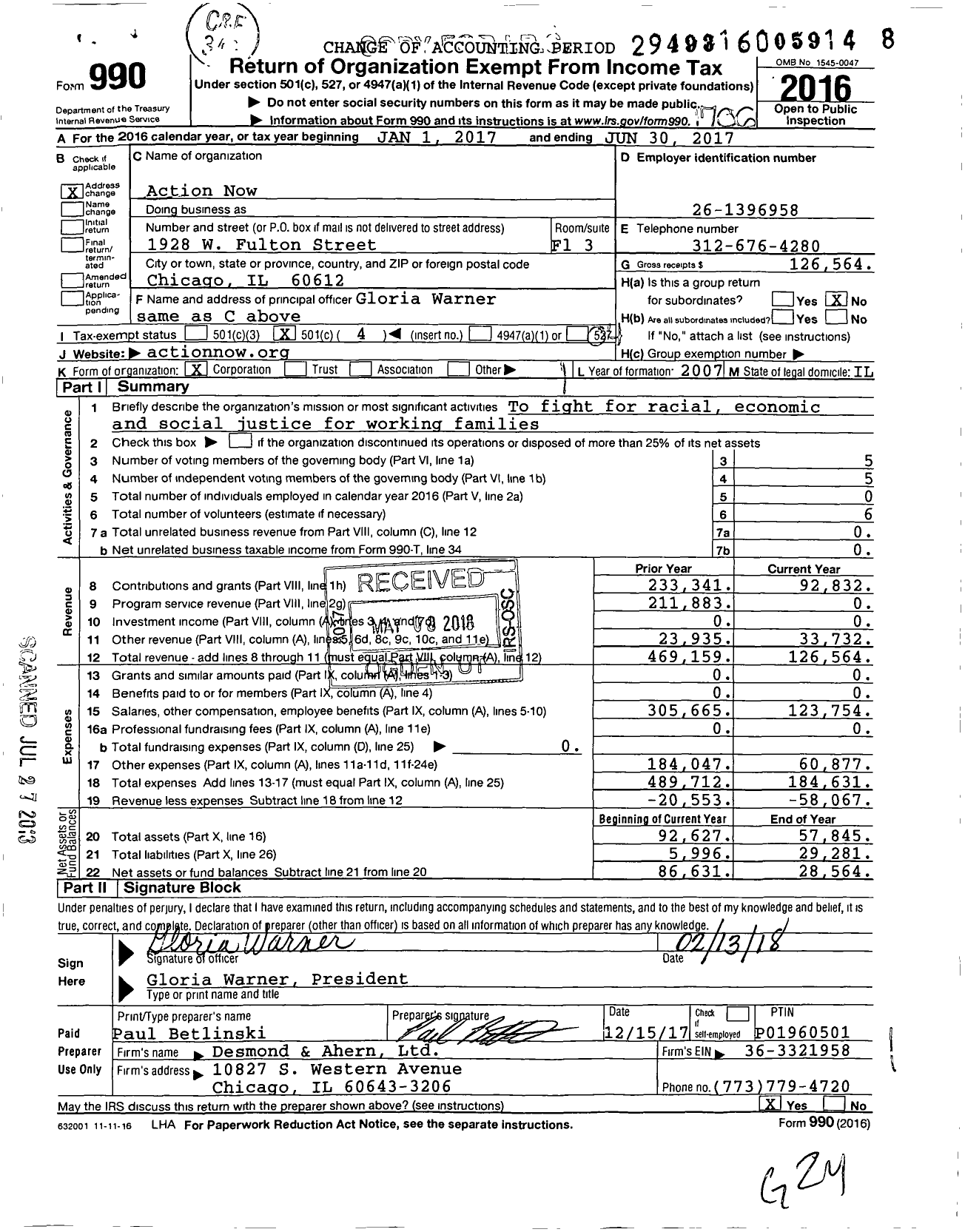 Image of first page of 2016 Form 990O for Action Now