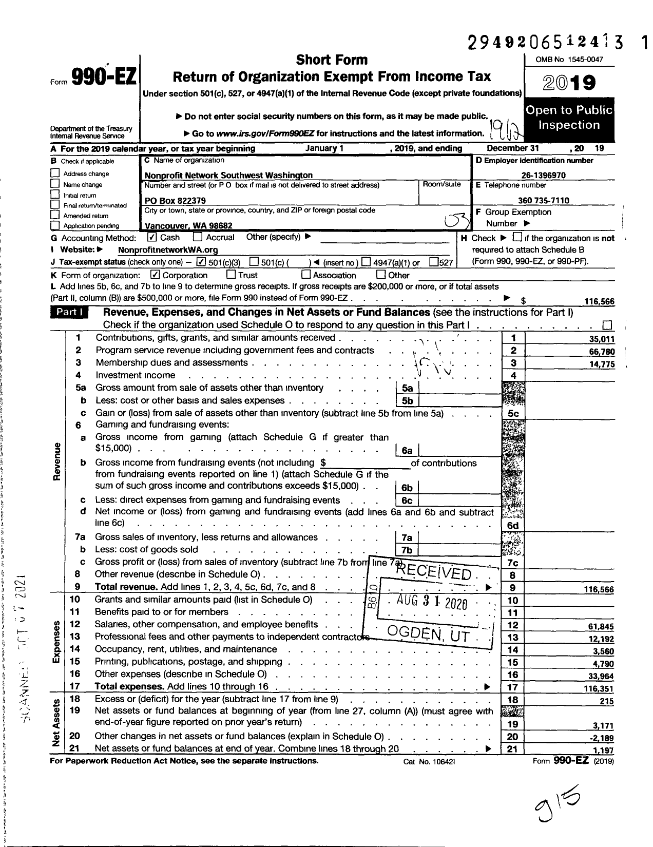 Image of first page of 2019 Form 990EZ for Nonprofit Network of Southwest Washington