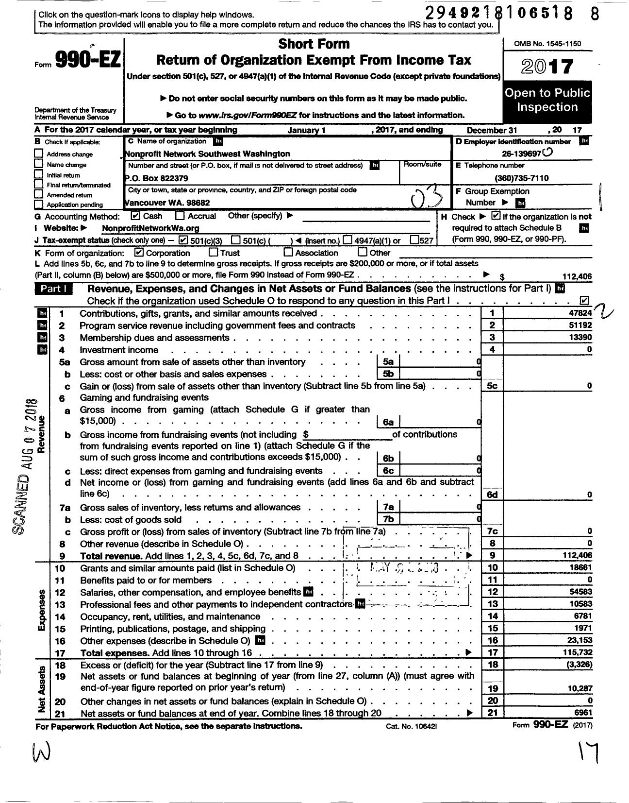Image of first page of 2017 Form 990EZ for Nonprofit Network of Southwest Washington