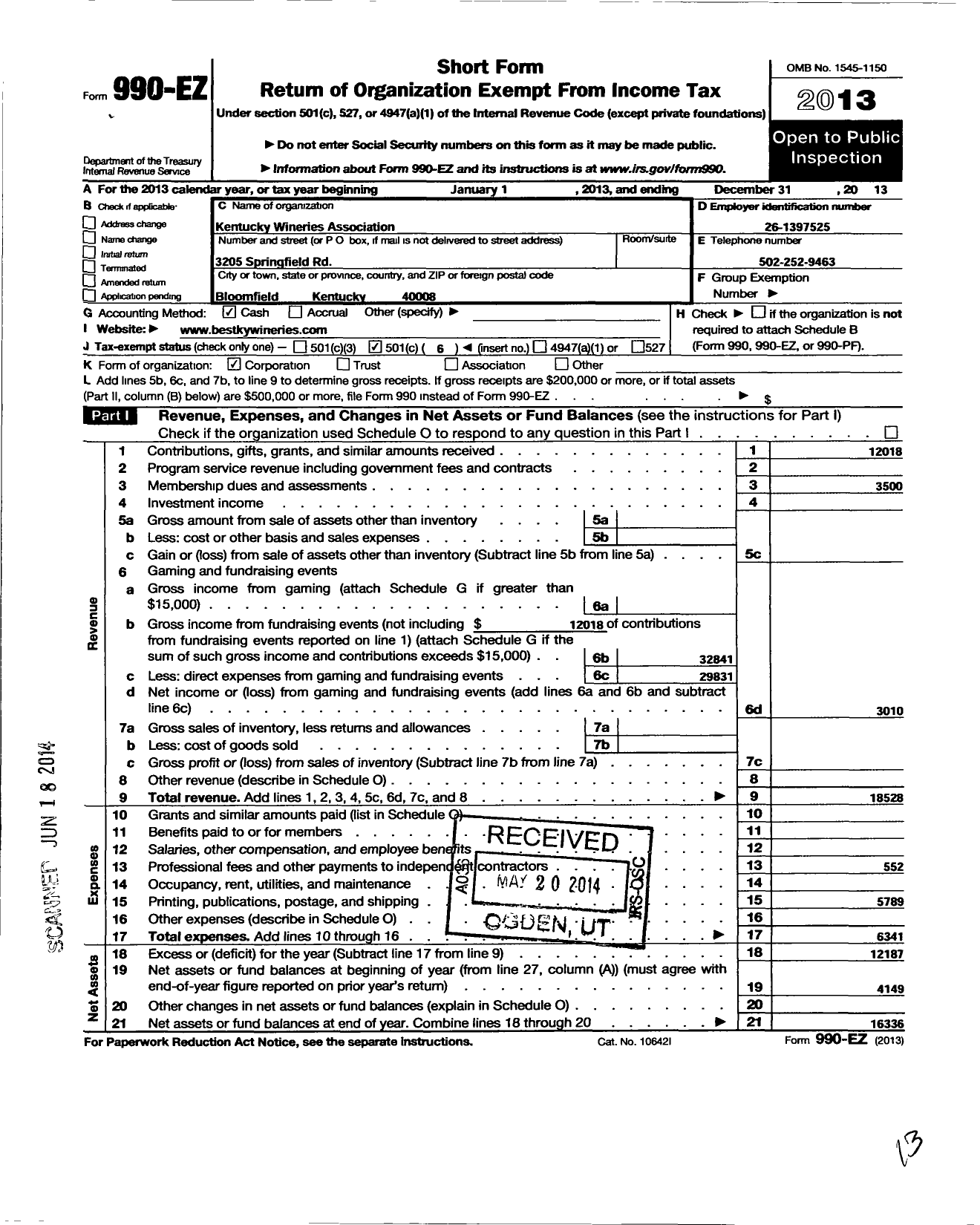 Image of first page of 2013 Form 990EO for Kentucky Wineries Association