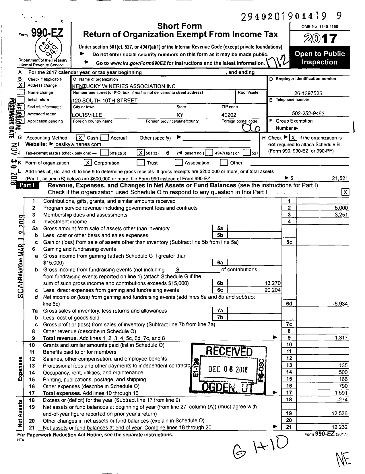 Image of first page of 2017 Form 990EO for Kentucky Wineries Association