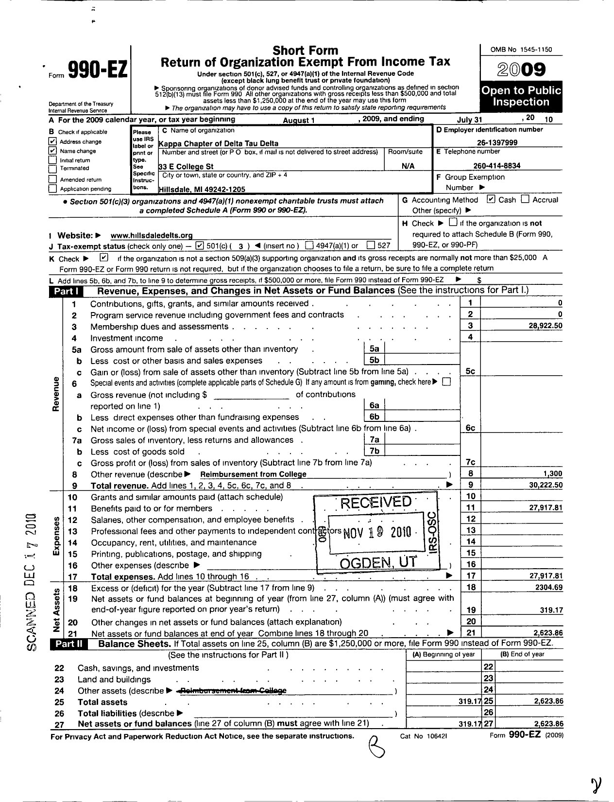 Image of first page of 2009 Form 990EZ for Delta Tau Delta Fraternity - Kappa Chapter