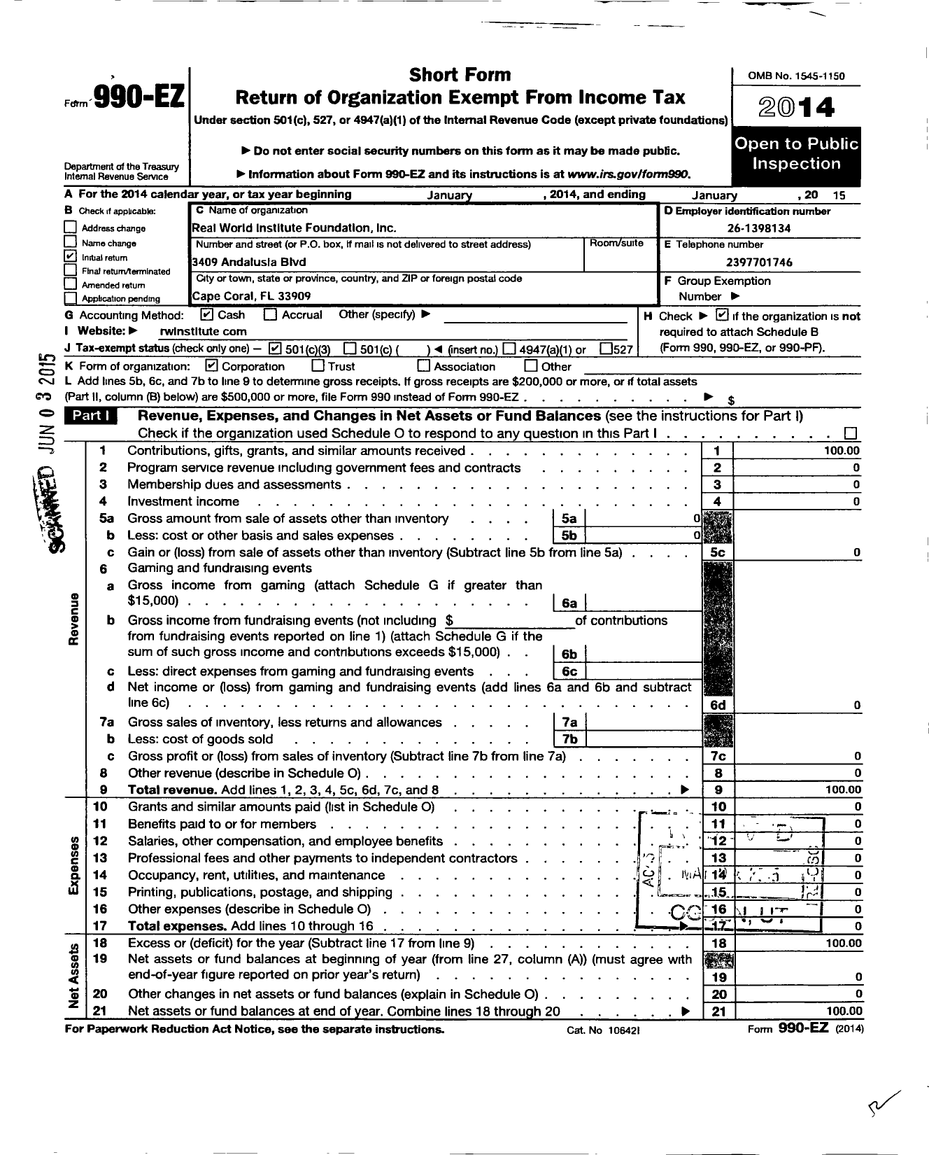 Image of first page of 2014 Form 990EZ for Real World Institute Foundation