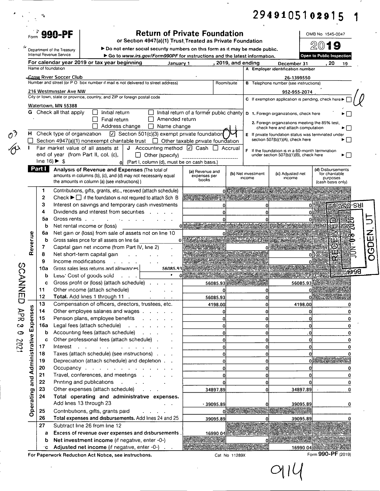 Image of first page of 2019 Form 990PF for Crow River Soccer Club