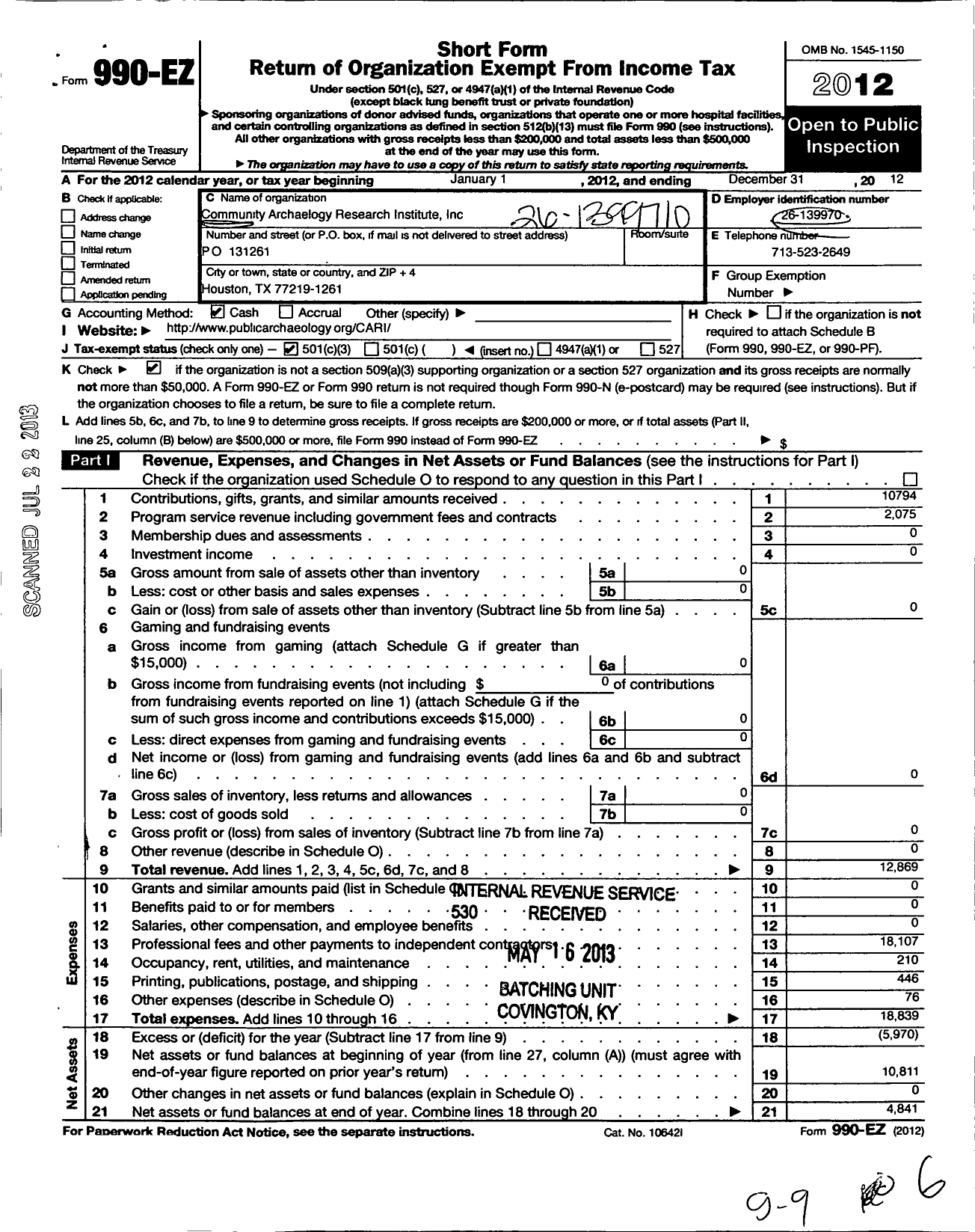 Image of first page of 2012 Form 990EZ for Community Archaeology Research Institute