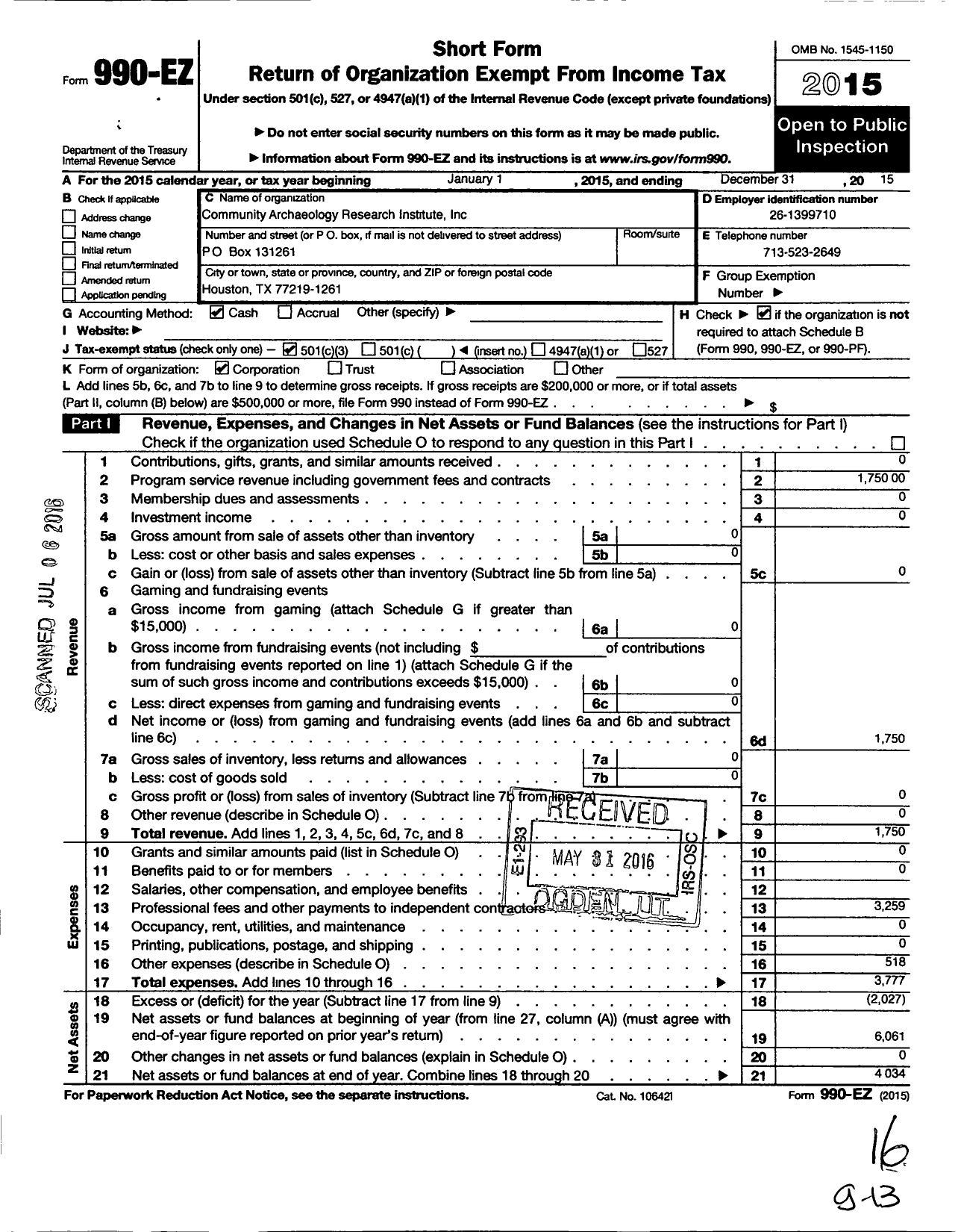 Image of first page of 2015 Form 990EZ for Community Archaeology Research Institute